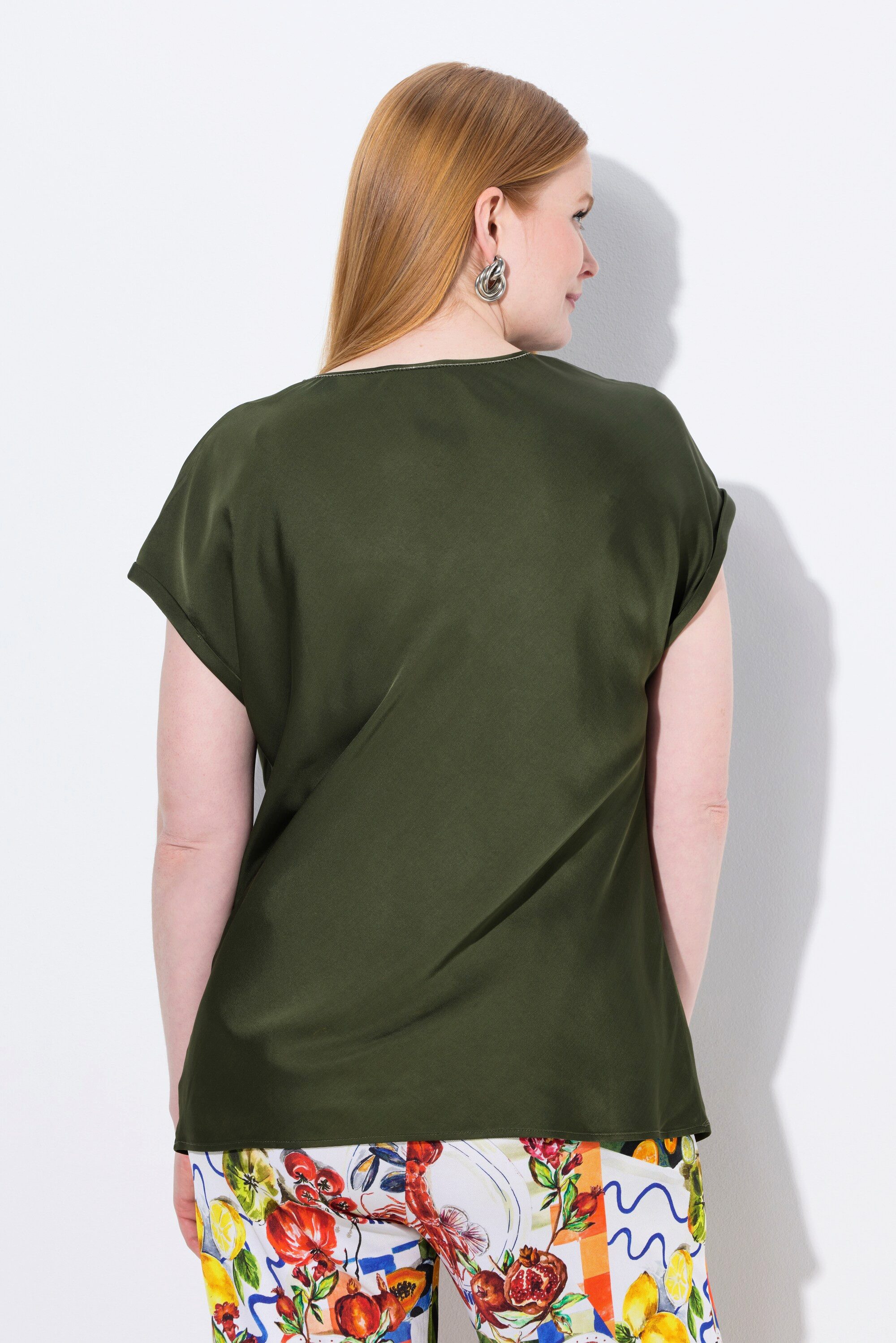 Ulla Popken Spitzenbluse Satinblusenshirt Classic Rundhals mit Glitzernaht
