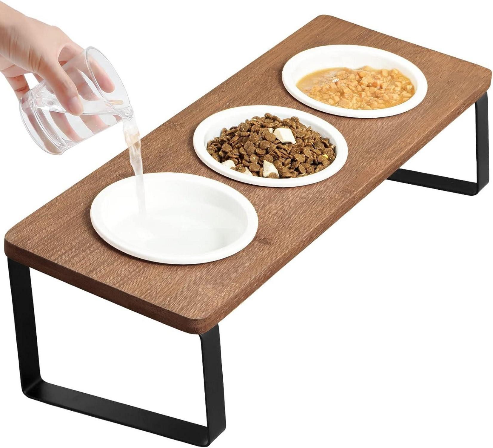 Kochlöffelhalter Katzen Napf Set Erhöht 3er Holz Keramik Futternapf 12cm Braun