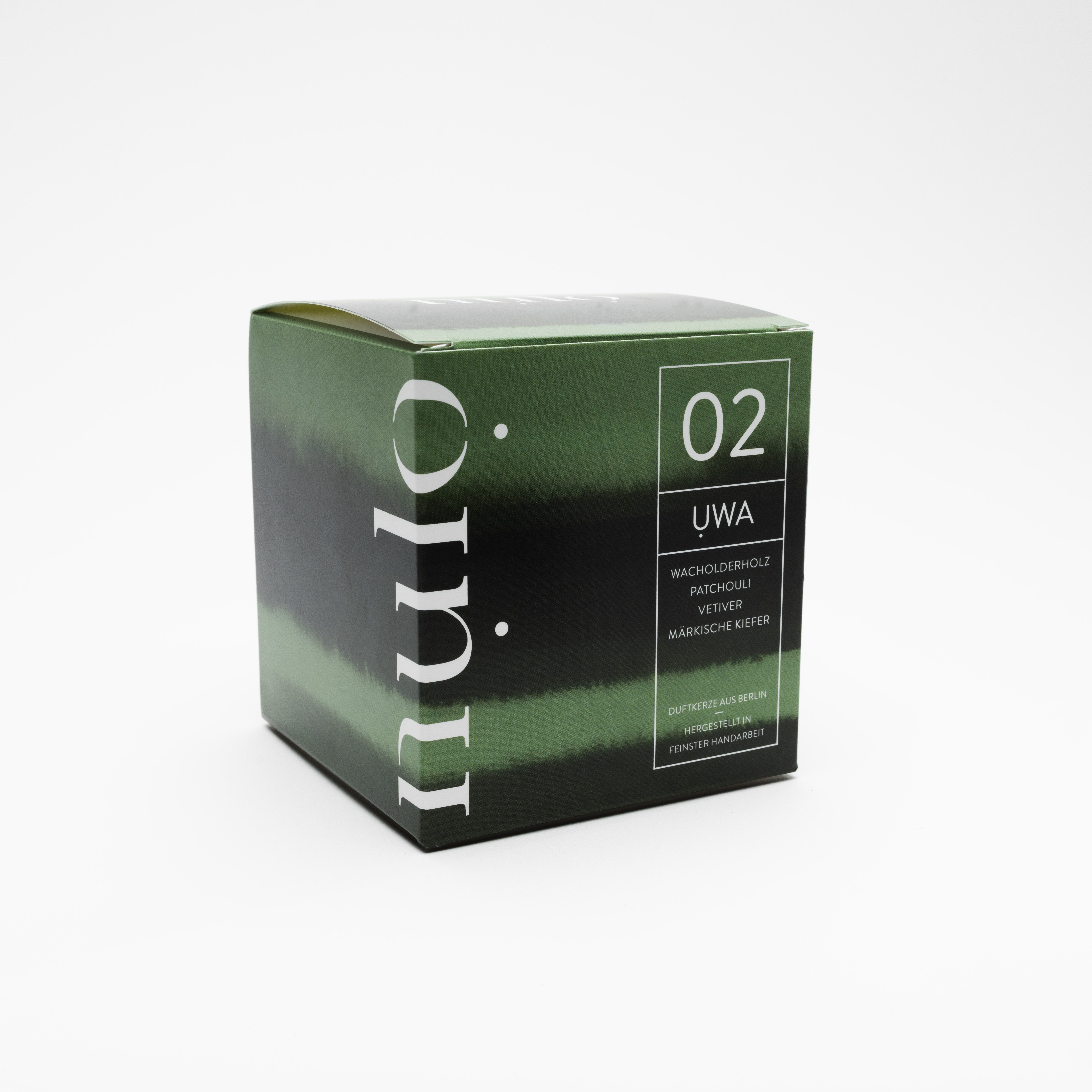 nụlọ Duftkerze 2 Uwa 150g – Wacholder & Kiefer, erdiger Duft, Holzdocht