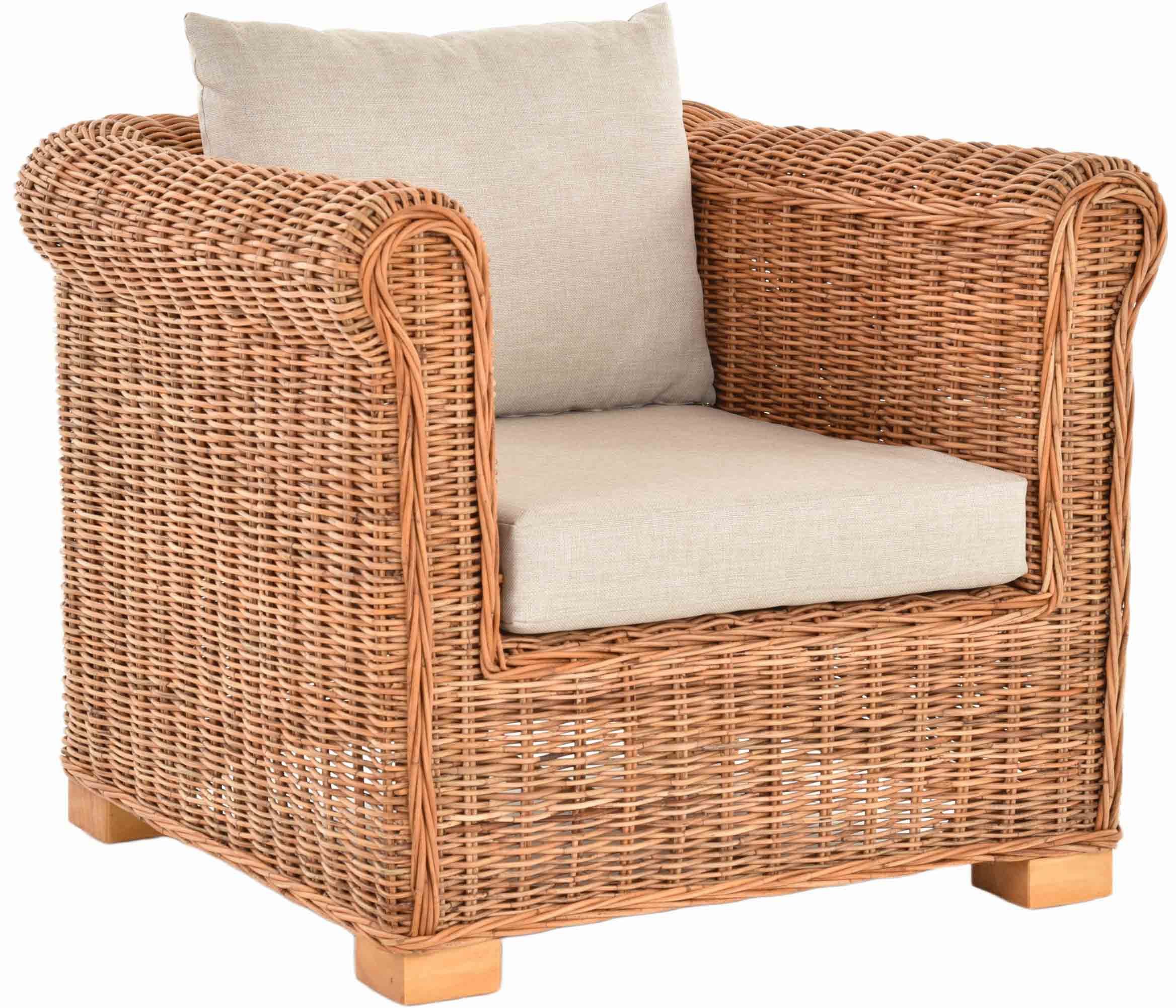 Krines Home Loungesessel Wohnzimmer-Sessel Nizza aus echtem, ungeschältem Rattan/Lounge-Sessel, mit Polster