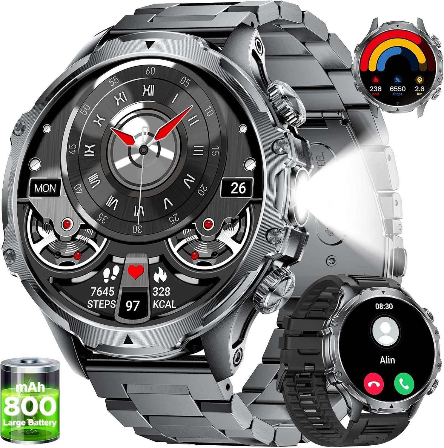 Lige FV15-D-WSD Smartwatch (4,7 cm, android ios), Robuste Smartwatch mit LED Taschenlampe Bluetooth Anruf und Sportmodi