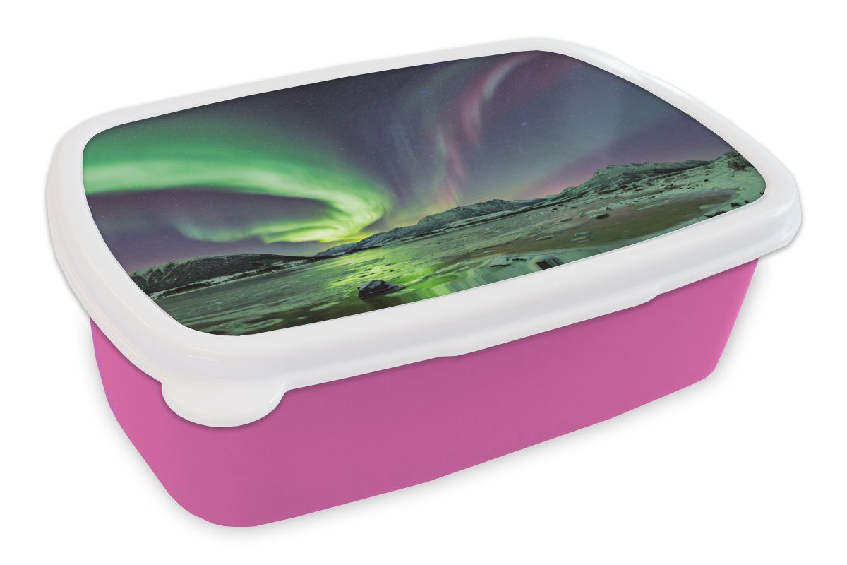 MuchoWow Lunchbox Nordlichter - Eis - Lila - Grün, Kunststoff, (2-tlg), Brotbox für Erwachsene, Brotdose Kinder, Snackbox, Mädchen, Kunststoff rosa