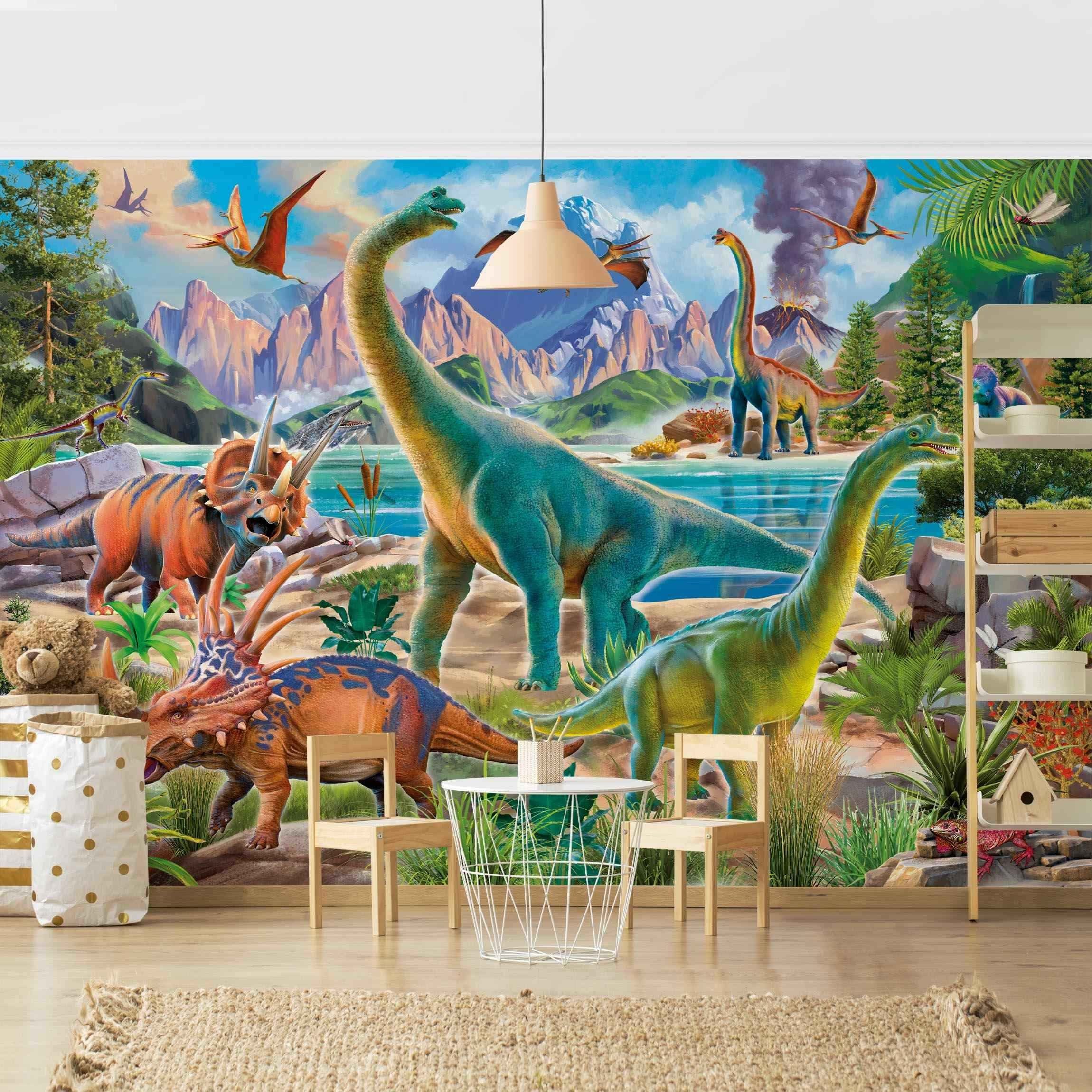 Bilderdepot24 Kindertapete Kinderzimmer Brachiosaurus Tricaterops Kinder Wanddeko, Glatt, Matt, (Vliestapete inkl. Kleister oder selbstklebend), Mädchenzimmer Jungenzimmer Babyzimmer Bildtapete Fototapete Wandtapete