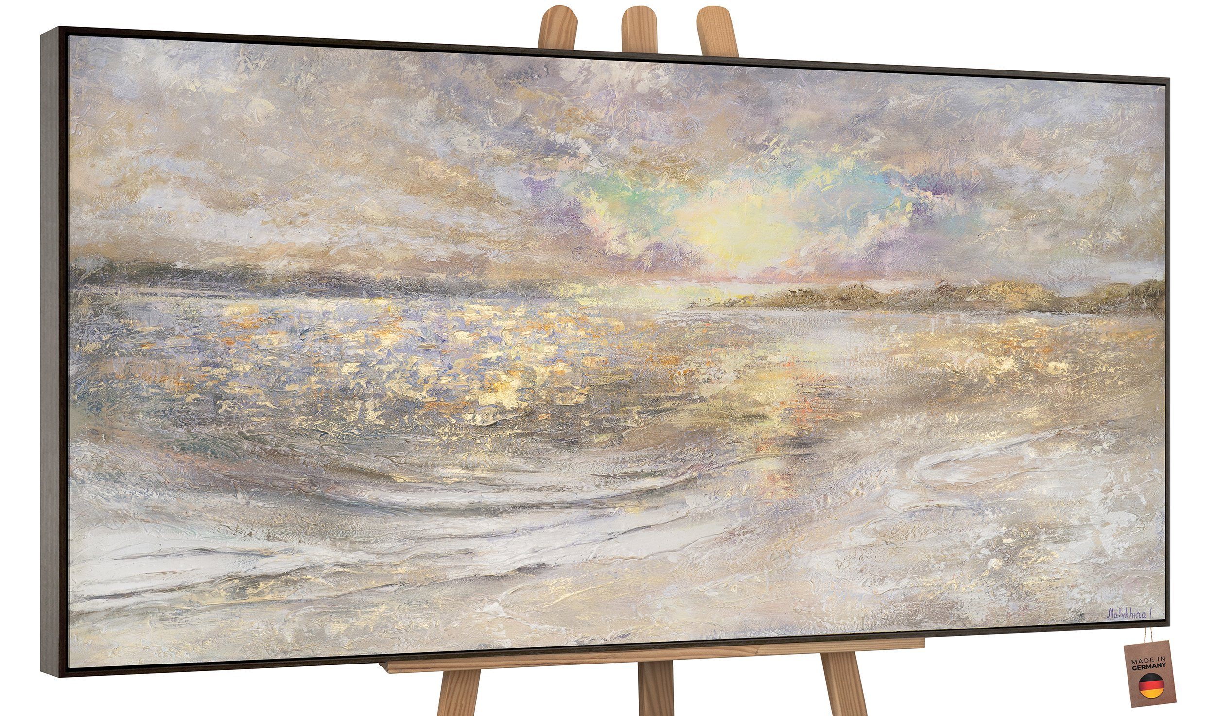 Dämmerung, Landschaft, Meer Gemälde am Leinwand in Handgemalt Bild Mit Sonnenuntergang Grau Strand Meer YS-Art Rahmen