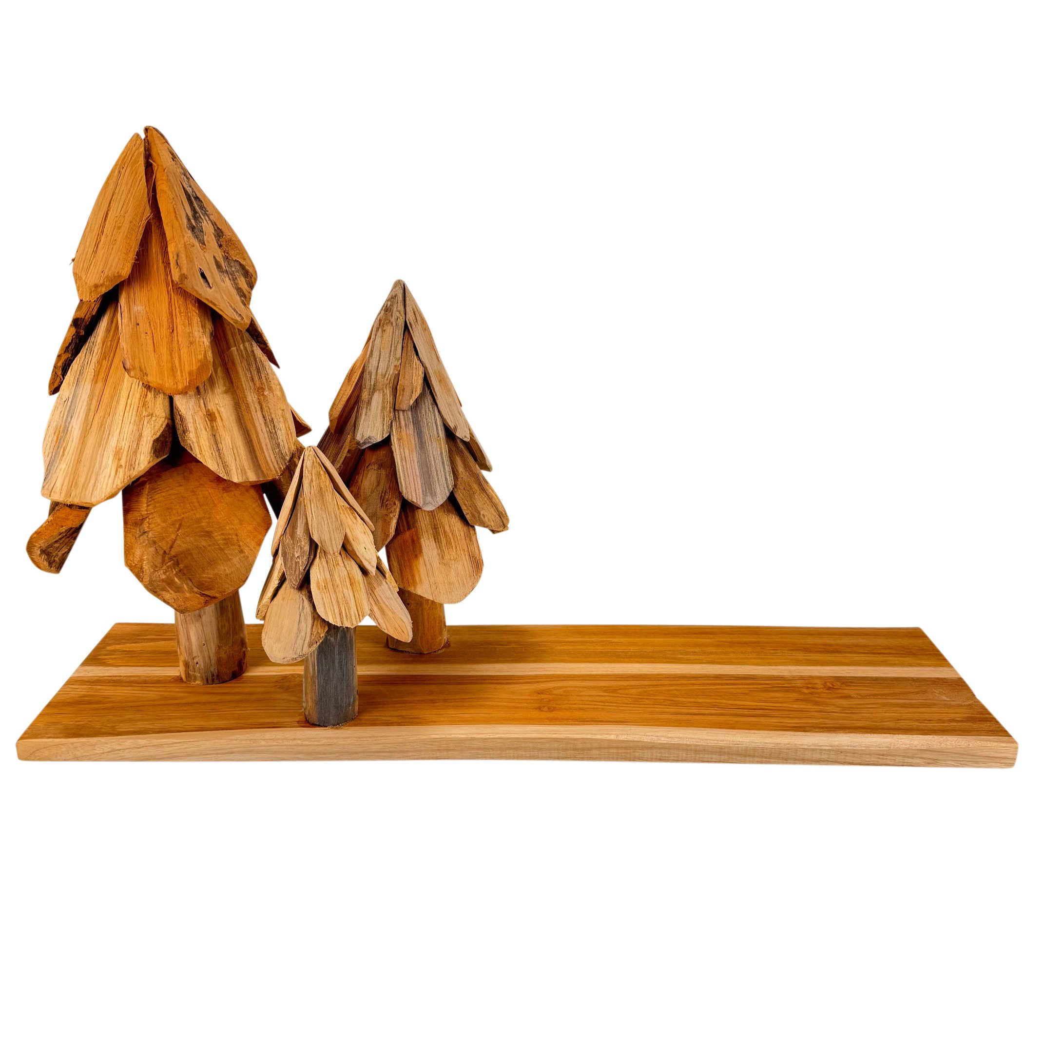 Online-Fuchs Dekotablett länglich aus Teakholz - DIY Deko für Herbst, Winter & Weihnachten (mit 3 handgeschnitzten Tannenbäumen, 20, 30 und 40 cm hoch), schafft eine natürliche wohnliche Atmosphäre