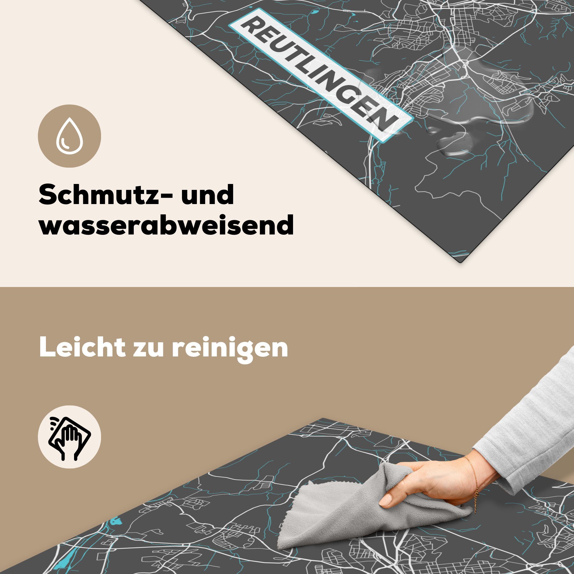 Vinyl, - 78x78 Stadtplan Deutschland, Karte MuchoWow - cm, küche Reutlingen Ceranfeldabdeckung, für - Arbeitsplatte (1 Blau - tlg), Herdblende-/Abdeckplatte