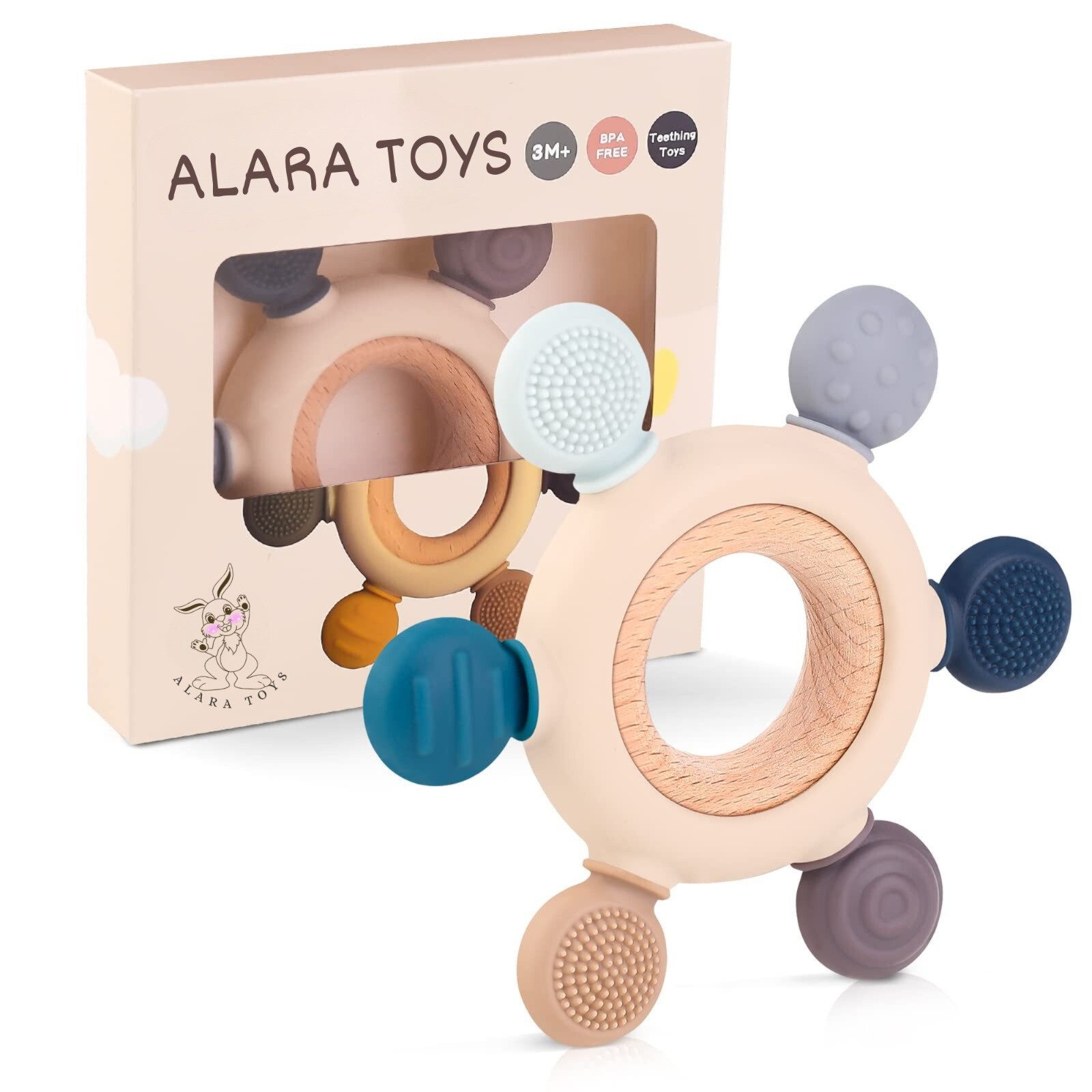 ALARA TOYS Beißring Babys Zahnungshilfe Zahnen Spielzeug Baby BPA-frei, Holz & Silikon, ab 3 Monaten, Kleinkinder