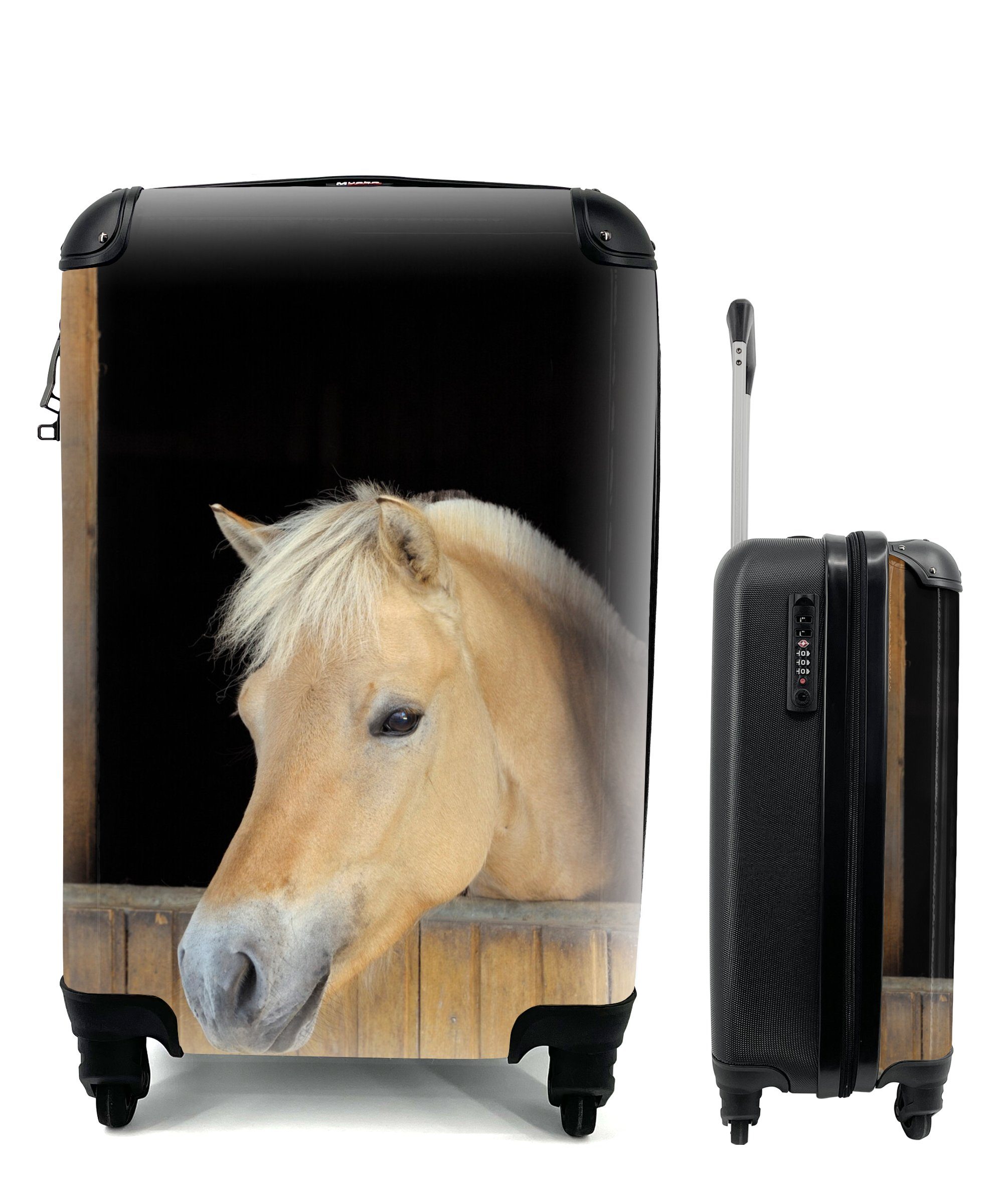 MuchoWow Handgepäckkoffer Fjordpferd in einem Holzstall, 4 Rollen, Reisetasche mit rollen, Handgepäck für Ferien, Trolley, Reisekoffer