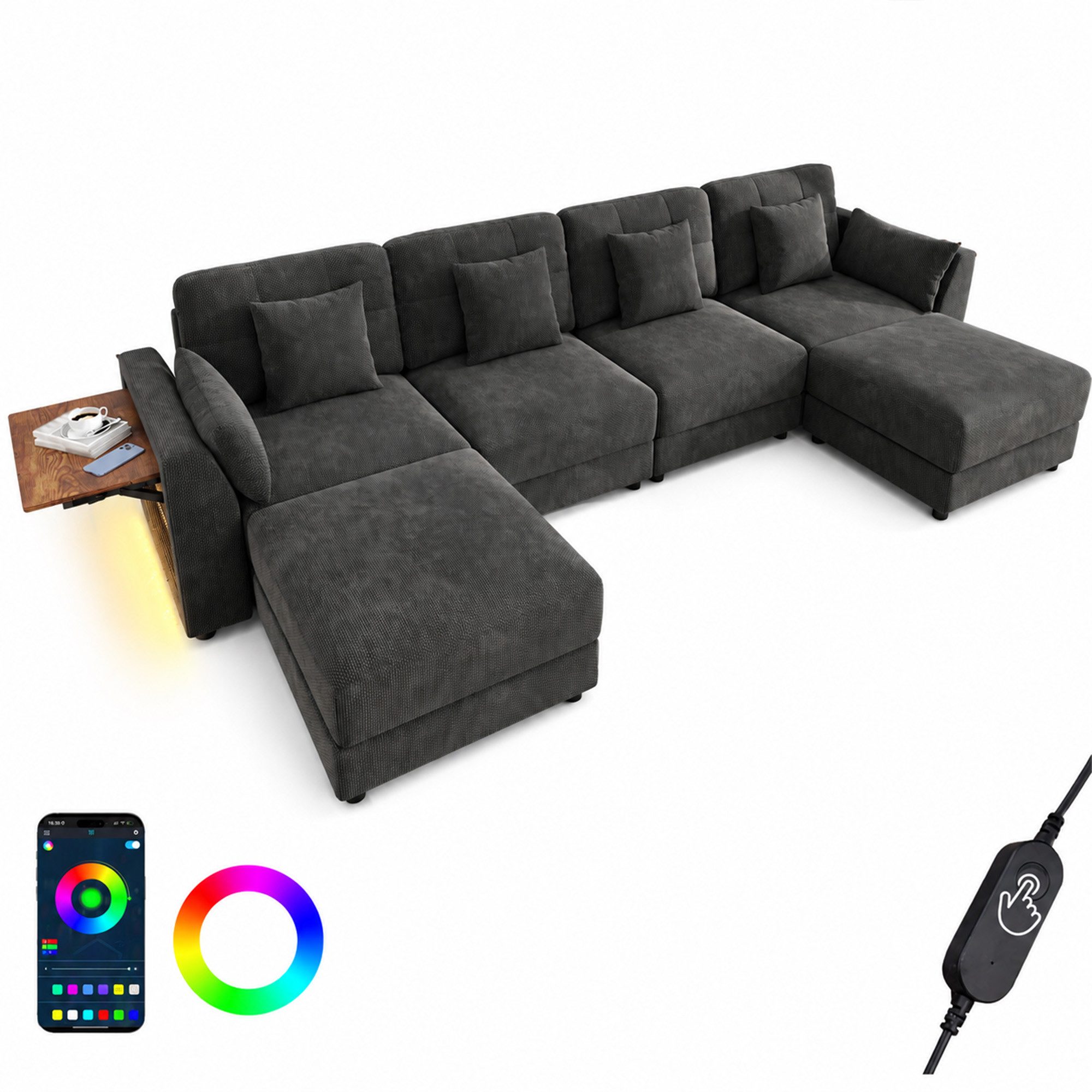 Merax Ecksofa U-Form/L-Form Sofa mit LED-Beleuchtung, Chenille, 292x135x82 cm 1 Teile, 6-Sitzer-Sofa mit 2 Hockern, klappbarem Armlehnen-Tisch & 6 Kissen