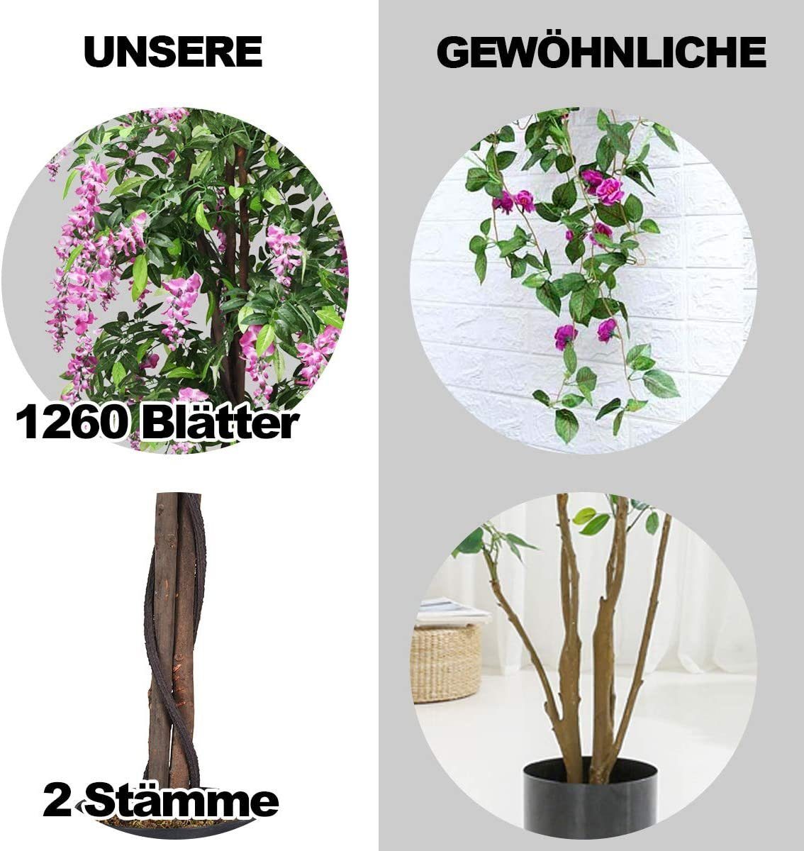 Kunstbaum, COSTWAY, Höhe 180 cm, mit Blüten und Töpf, Blättern & 2