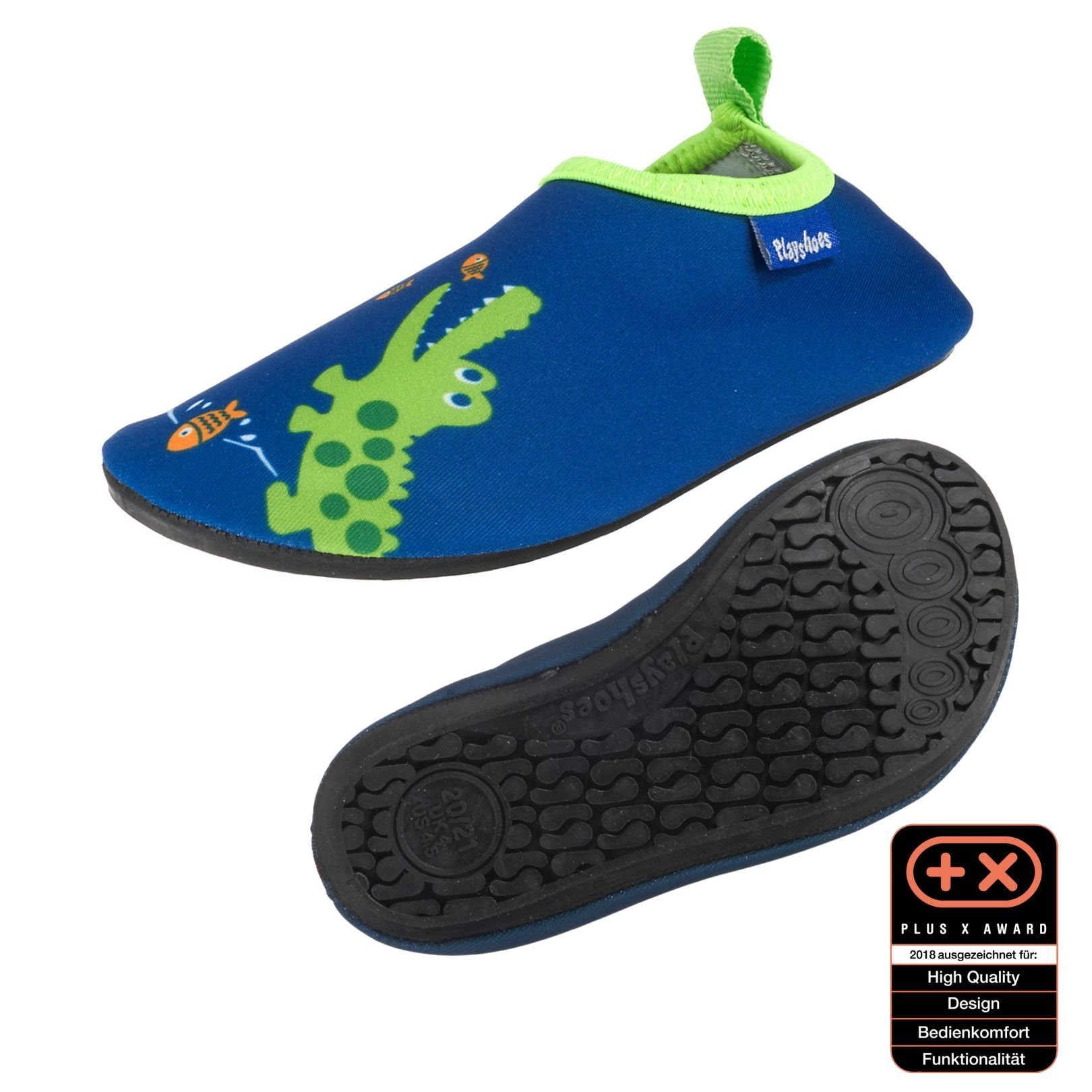 Barfuß-Schuh Krodkodil-blau Wasserschuhe mit Schwimmschuhe, Passform, rutschhemmender Badeschuhe Motiv flexible Playshoes Sohle Badeschuh