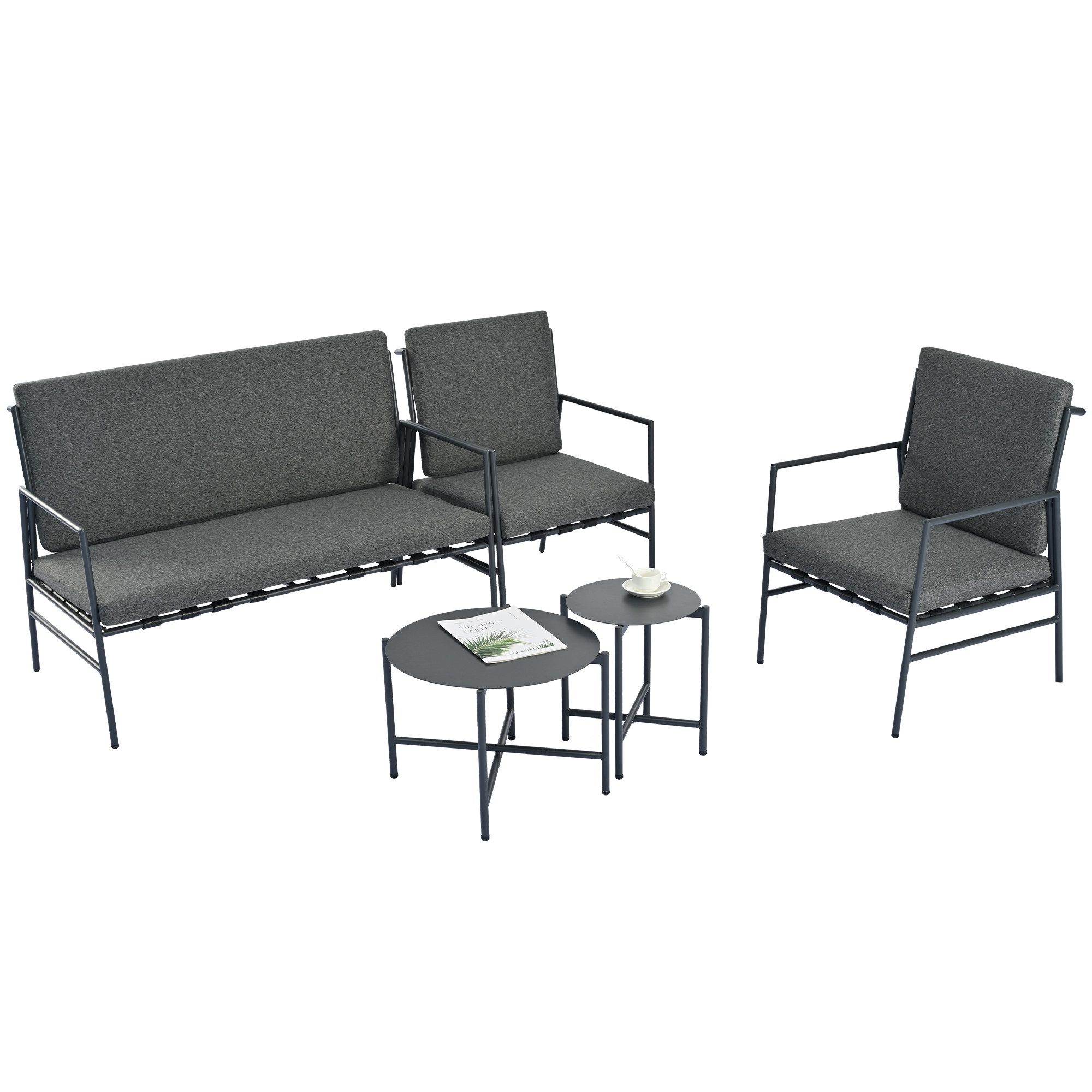 KLAM HOME Gartenlounge-Set Gartenmöbel-Set mit Stahlgestell und abnehmbaren Kissen für 4 Personen, (5-tlg., 2* Beistelltische 1* 2-Sitzer-Sofa 2* Einzelsessel inklusive Kissen), für Außenbereiche wie Innenhöfe, Balkone und Schwimmbäder