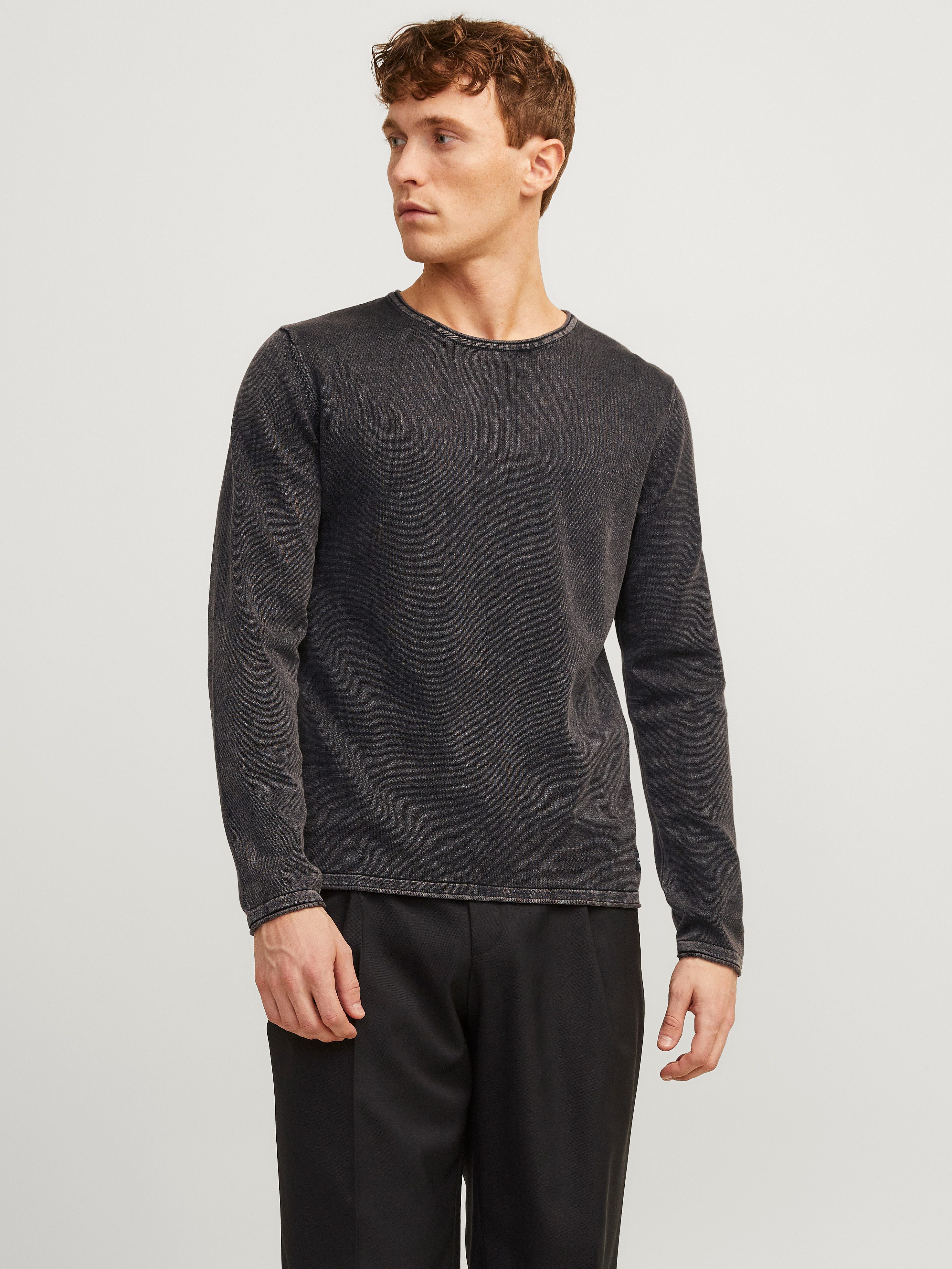 Jack & Jones Rundhalspullover JJELEO aus pflegeleichter Baumwollqualität unifarben, modisch, schmal, Baumwolle, Rundhals