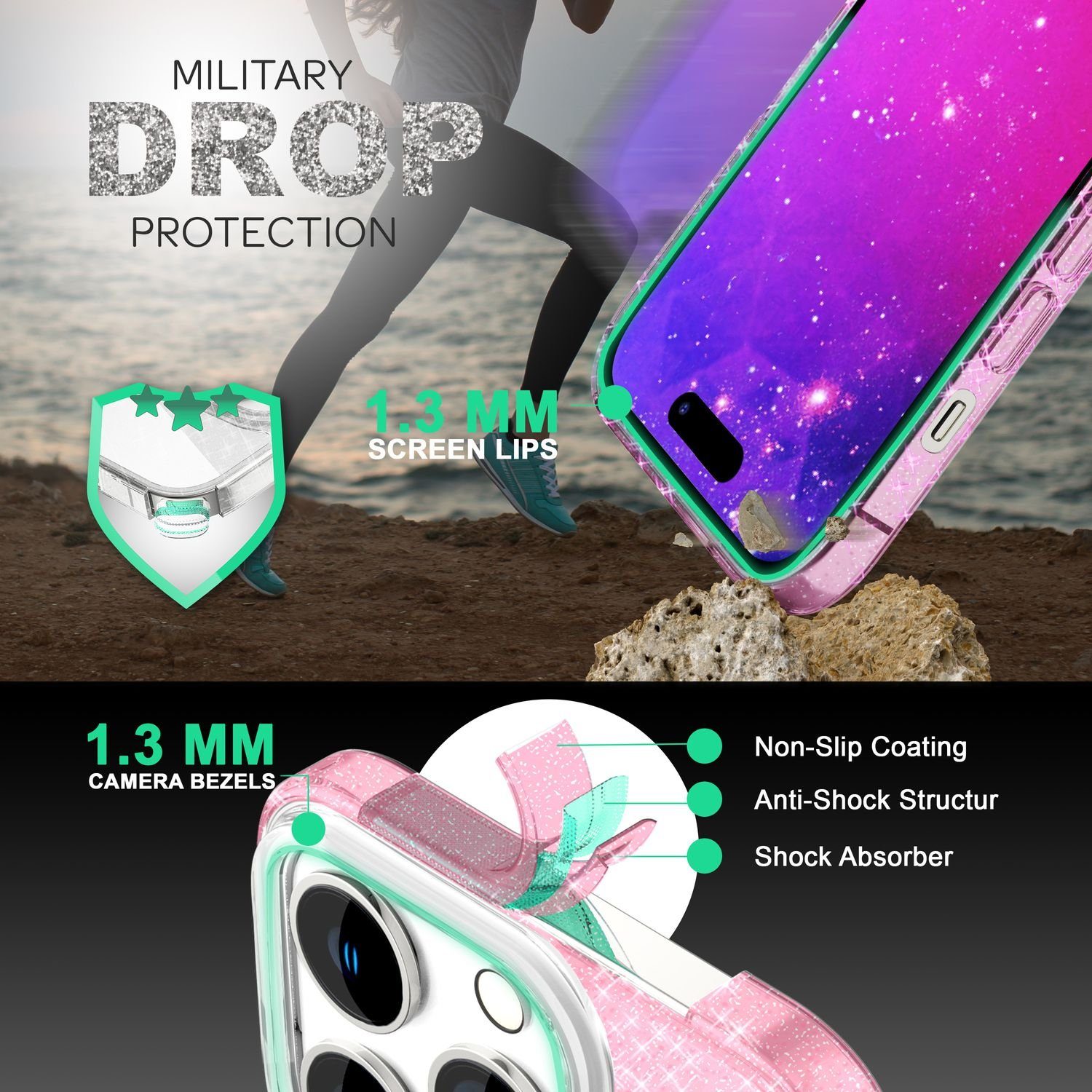 Nalia Smartphone-Hülle Apple iPhone 14 Pro 15,5 cm (6,1 Zoll), Glitzer Silikon Hülle / Verstärkte Innenseite / Glänzende Schutzhülle