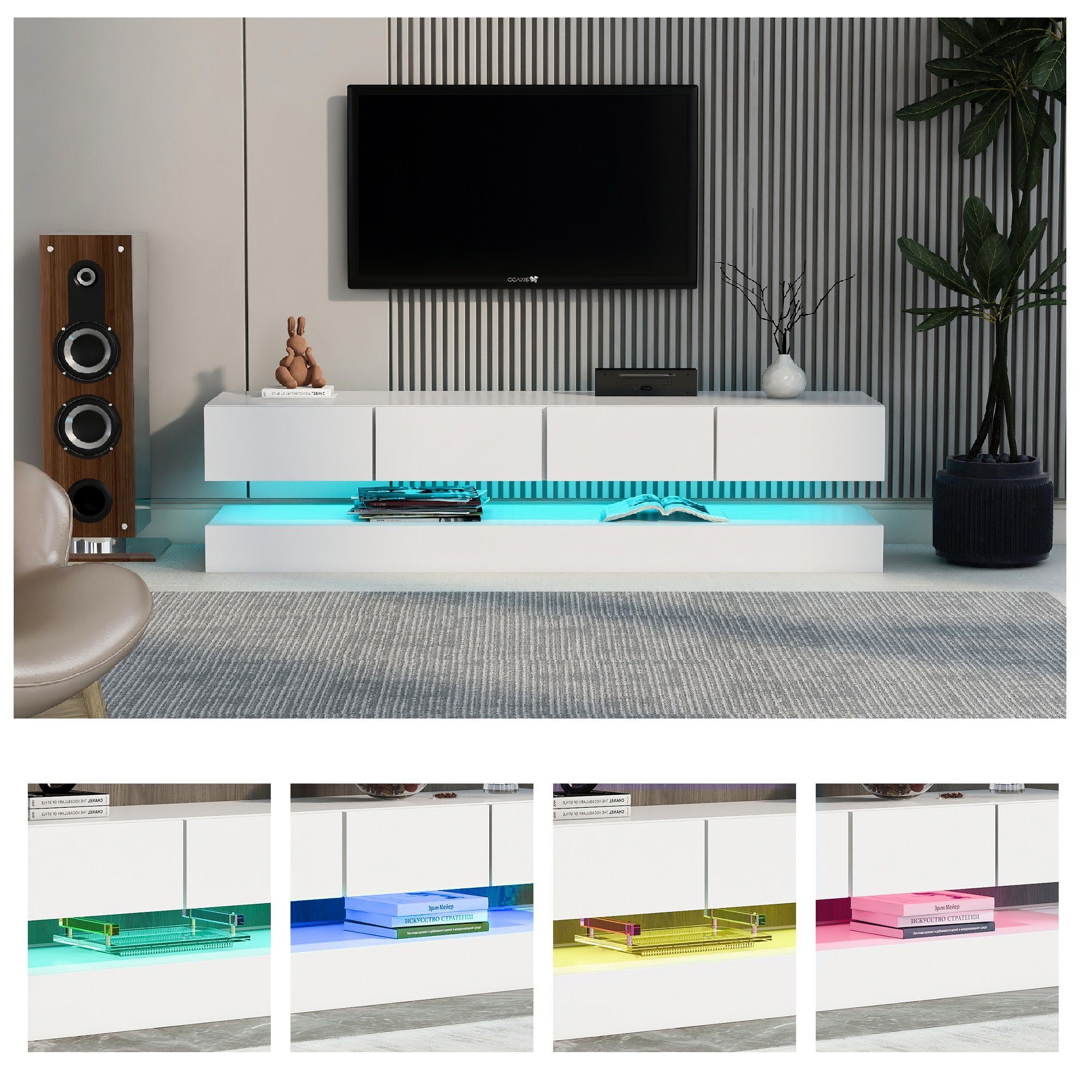 Fangqi Lowboard Fernsehschrank mit 2 Schränken und 4 großen Schubladen,LED  TV-Schrank (LED TV Lowboard, Wandmontierter TV-Board, hochglanz Weiß TV-Schrank),  16-farbige LED-Beleuchtung Wandschrank, 4 dynamisch Modi, Breite 130cm, für  bis zu 55 Zoll