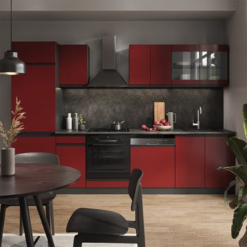 Livinity® Küchenzeile R-Line, Rot/Anthrazit, 300 cm, AP Eiche