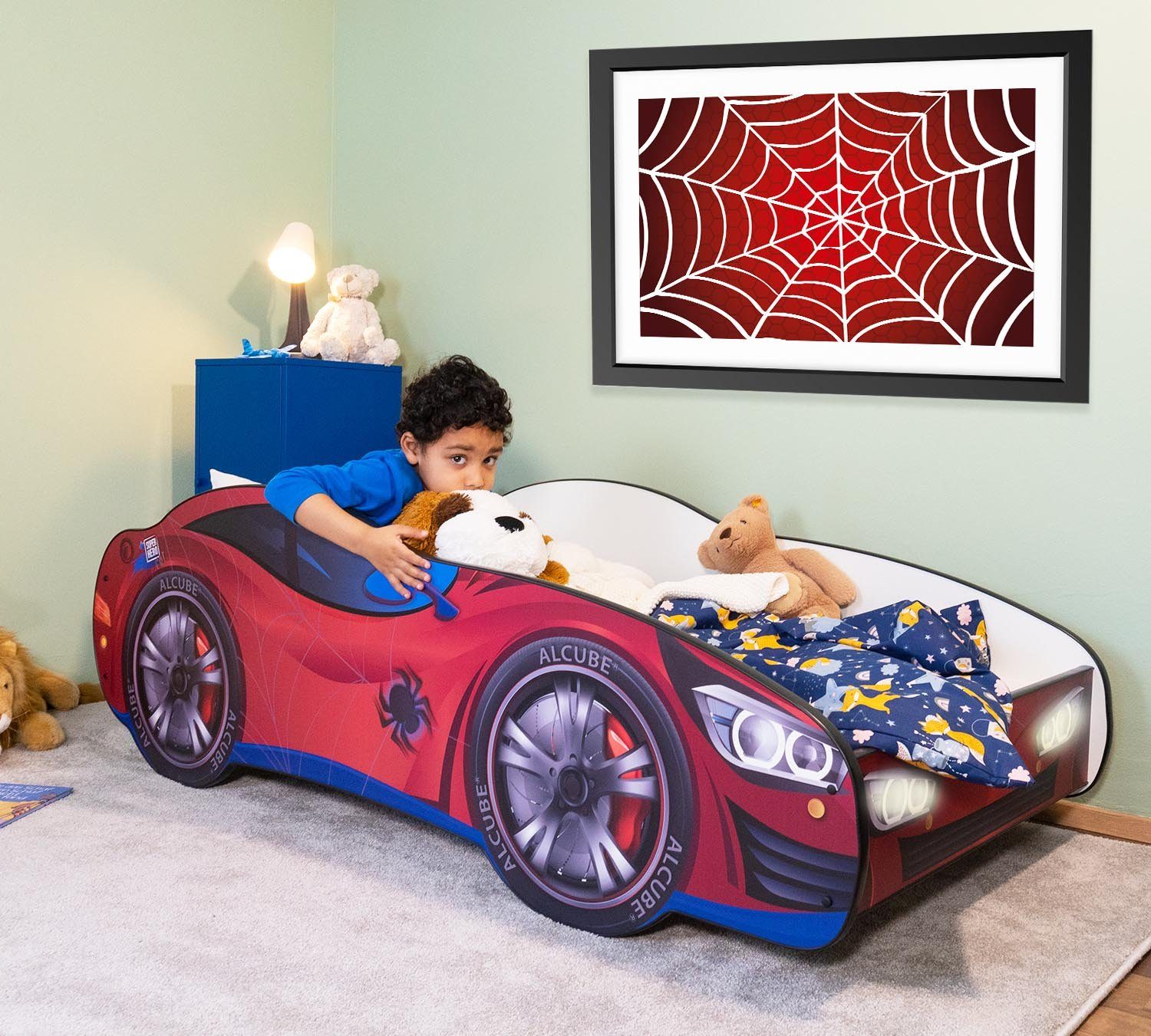 Alcube Autobett Racer I BESTSELLER! GRATIS Lieferung (Komplett-Set Bett mit Matratze und Lattenrost), Kinderbett 70x140 cm PKW Spider Car mit LED, Autobett 70x140 cm Rot - Pkw Spider Car mit Led