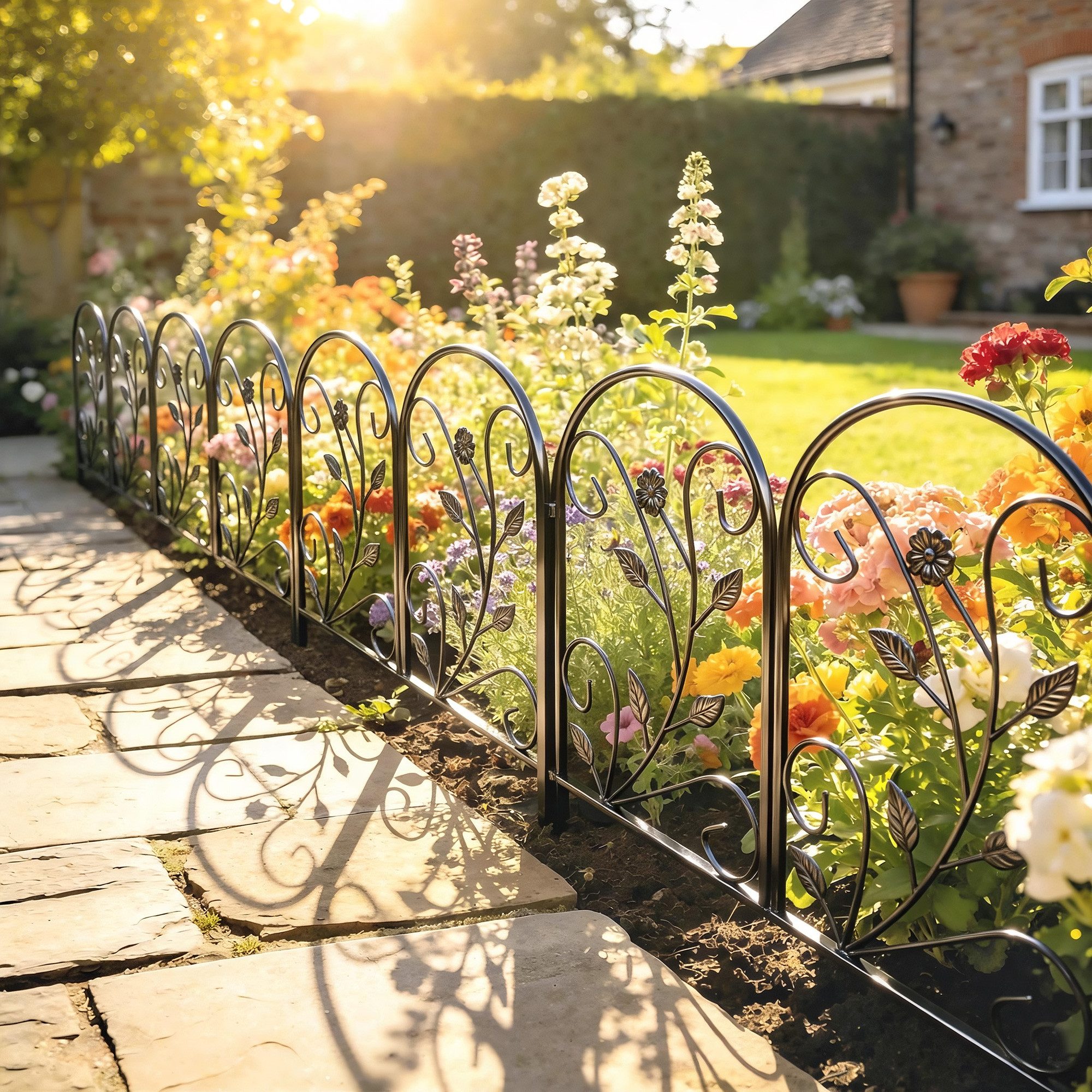 Outsunny Gartenzaun Dekorativer Gitterzaun, (Hundezaun, 5-St., Oberbogen Zaun), für Garten Blumenbeete Tierbarriere Außenbereich Schwarz