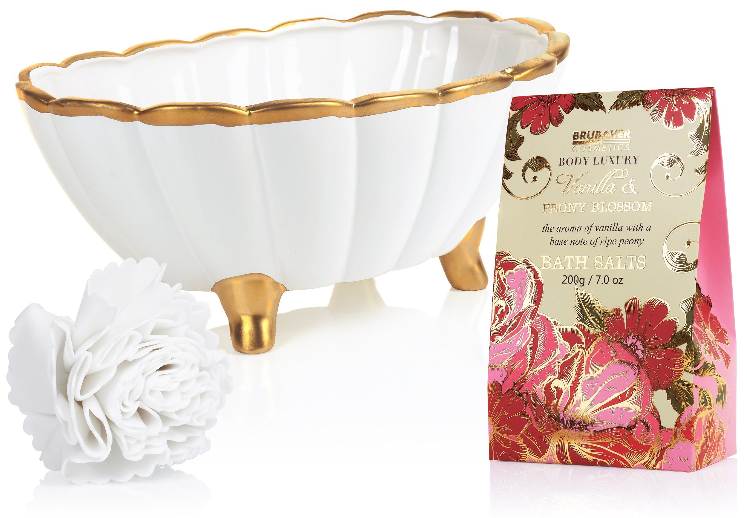 BRUBAKER Pflege-Geschenkset Dusch- und Badeset - Peony Vanilla Pflegeset mit Pfingstrose & Vanille Duft, 7-tlg., Frauen Geschenkset in Deko Badewanne