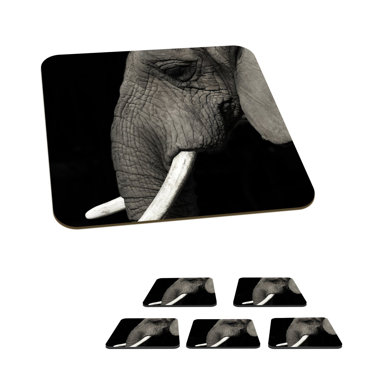 MuchoWow Glasuntersetzer Elefant - Grau - Schwarz, Zubehör für Gläser, 6-tlg., Glasuntersetzer, Tischuntersetzer, Korkuntersetzer, Untersetzer, Tasse
