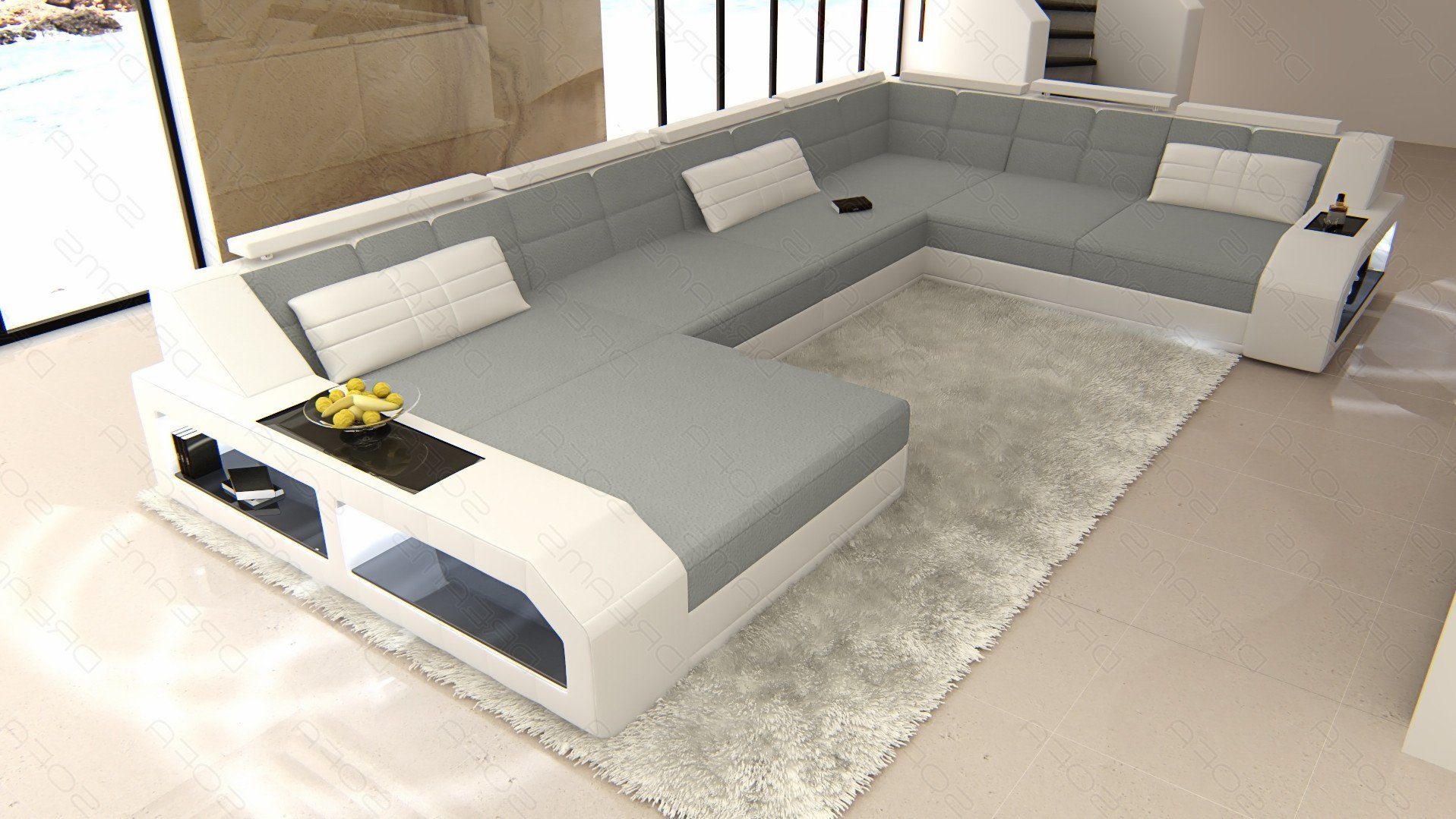 Sofa Dreams Wohnlandschaft Polster Sofa Stoff Matera XXL U Form Stoffsofa Couch, mit LED, wahlweise mit Bettfunktion als Schlafsofa, Designersofa C76 Hellgrau-Weiss