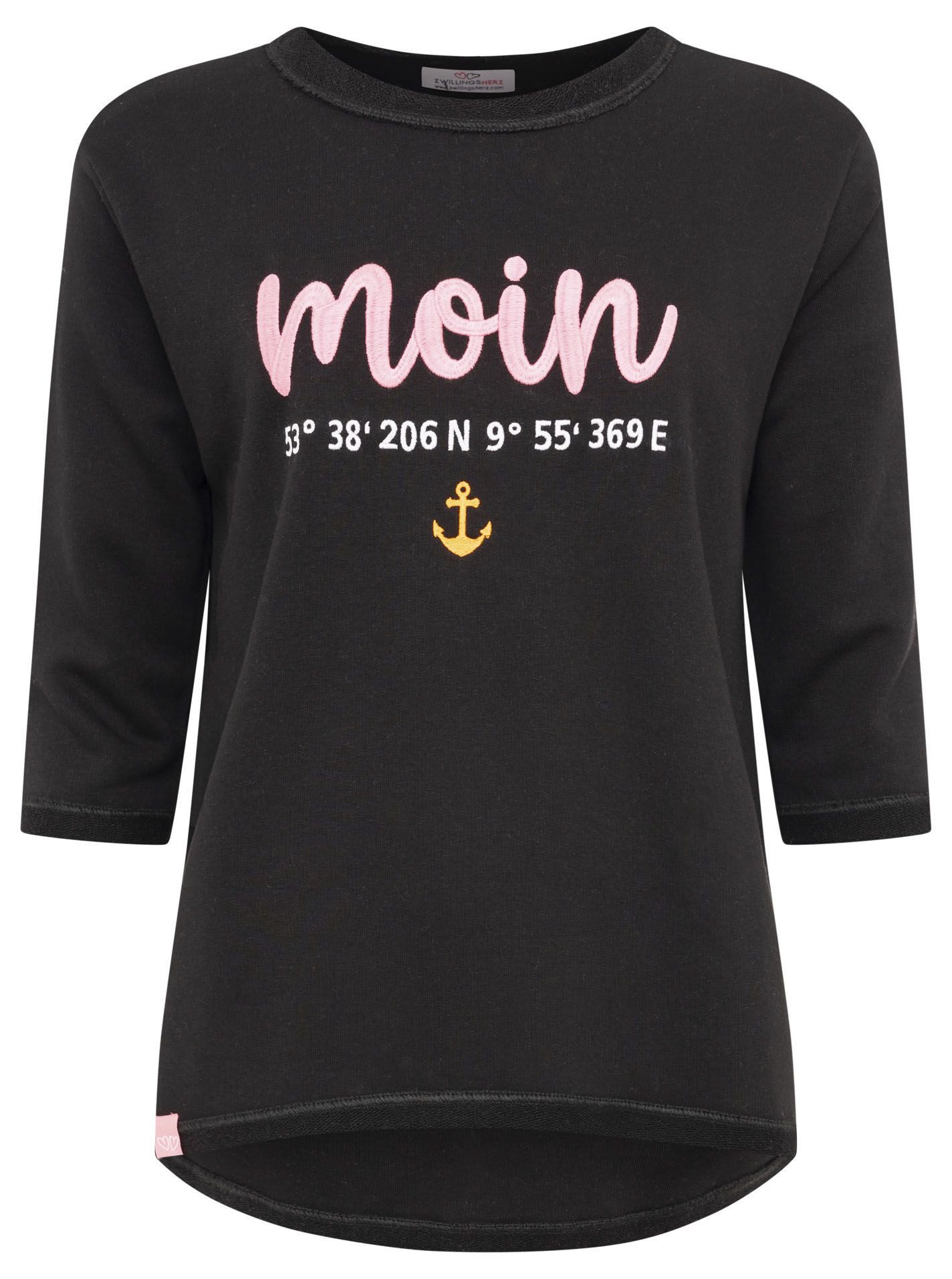 Zwillingsherz 3/4-Arm-Shirt "Moin" mit Moin Stickerei und Anker, ausgefranste Kanten