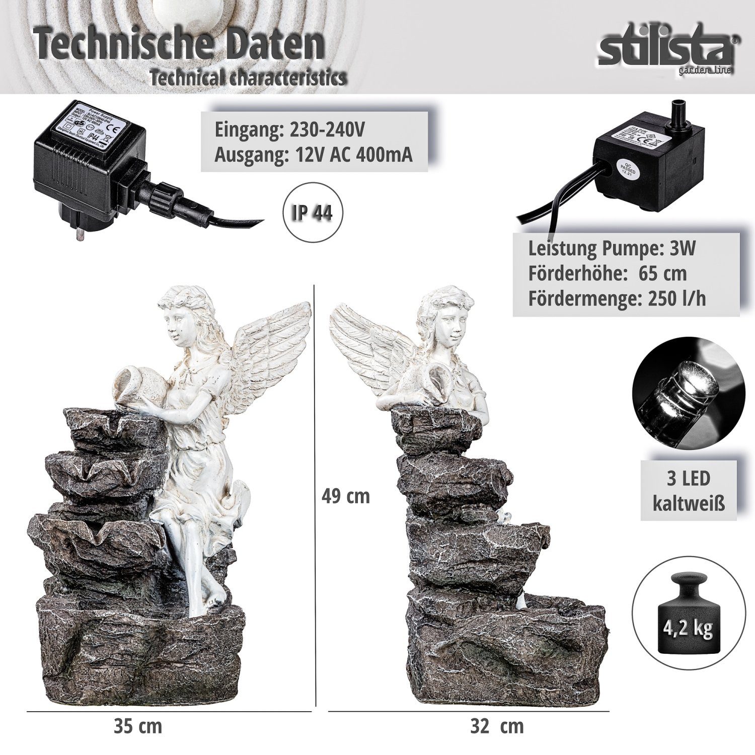 Zierbrunnen x Kaskade, Pumpe in x inkl. Wasserspiel Springbrunnen Gartenbrunnen Engel 32 Beleuchtung, STILISTA 35 LED cm, Steinoptik, 49