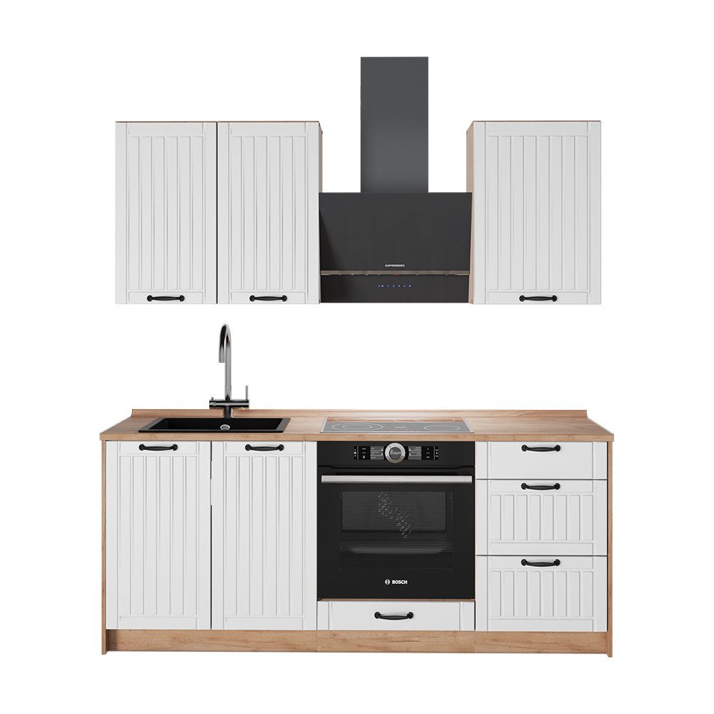 Vicco Küchenzeile Fame-Line, Weiß Landhaus/Goldkraft Eiche, 190 cm, AP Eiche