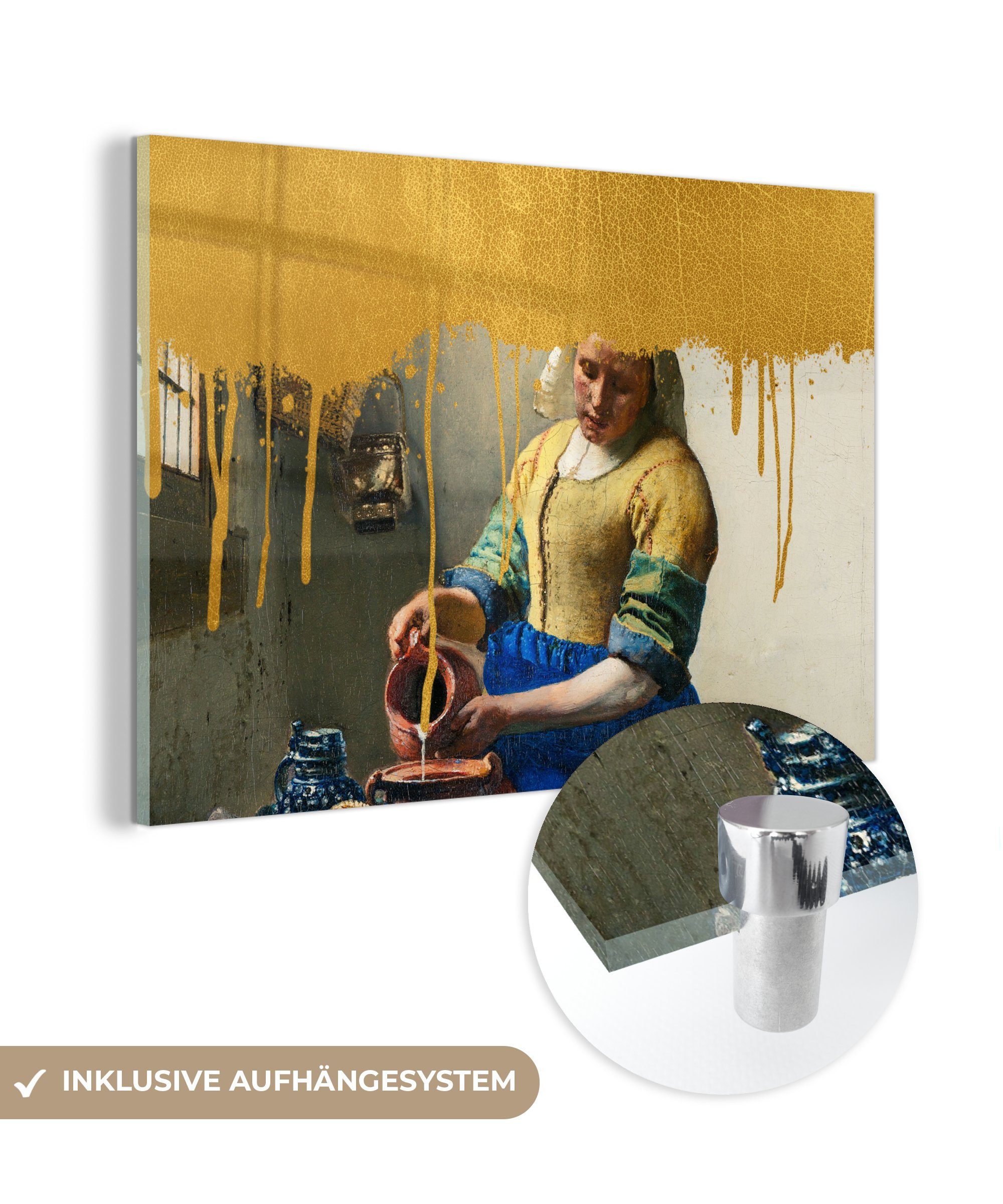 MuchoWow Acrylglasbild Milchmädchen - Gold - Vermeer, (1 St), Glasbilder - Bilder auf Glas Wandbild - Foto auf Glas - Wanddekoration
