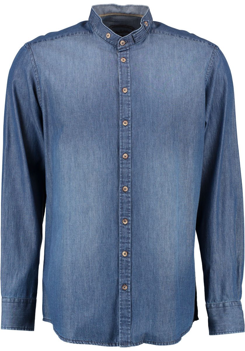 OS Trachten Trachtenhemd Kykura Langarm Jeanshemd Denim-Optik mit Stehkragen mit Riegel