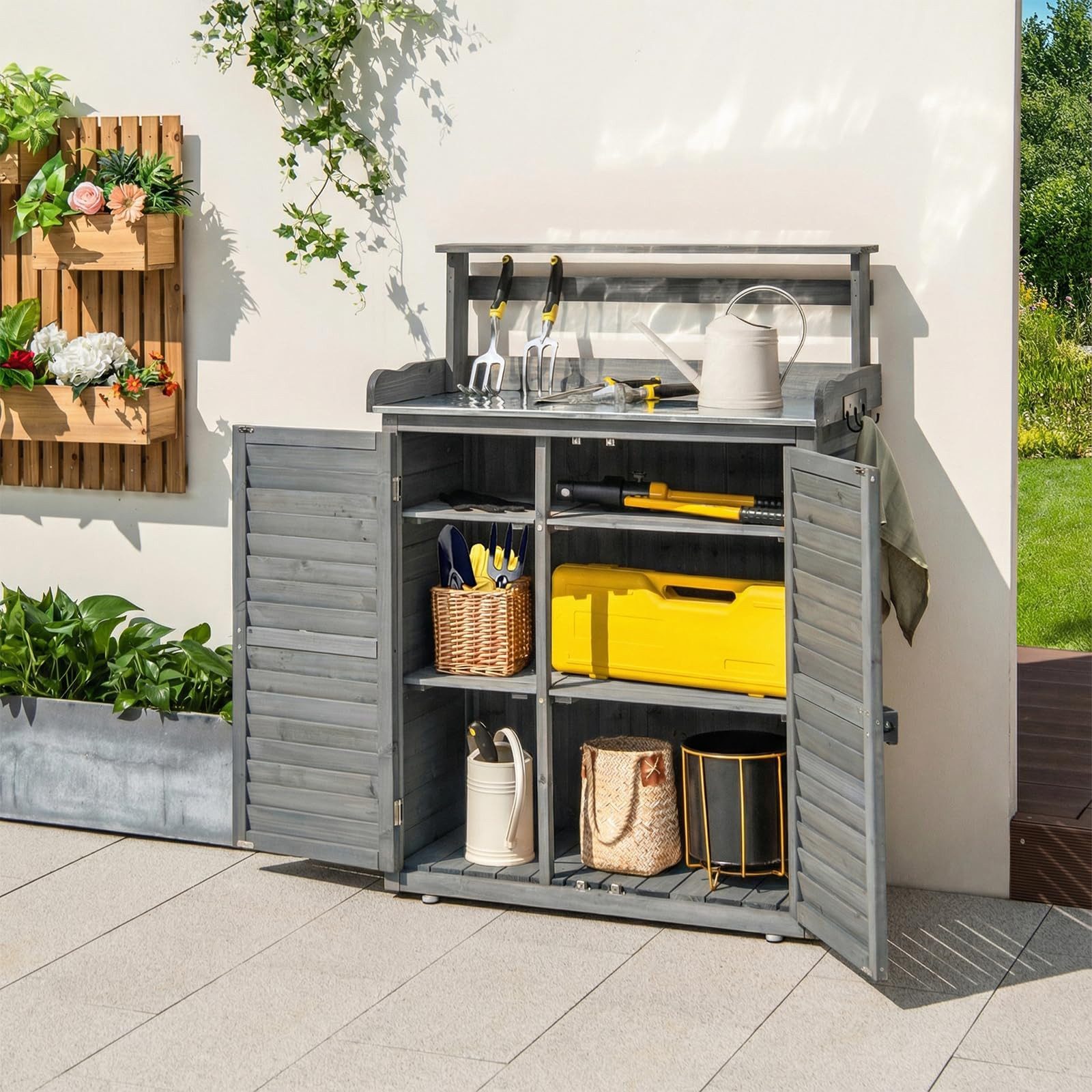 COSTWAY Pflanztisch, mit Unterschrank & abnehmbaren Regalen, 87 x 45 x 120cm