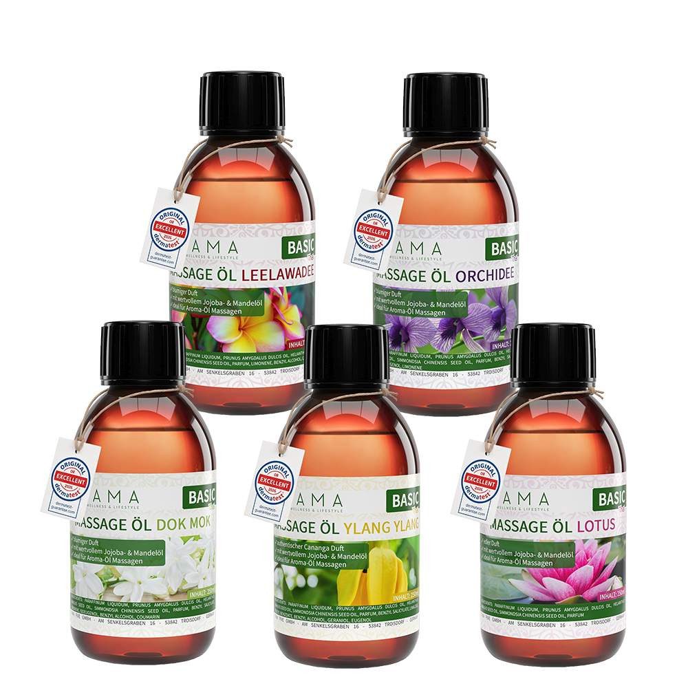 Kitama Massageöl Thai Duft-Set mit 5 exotischen Aromen (Lotus, Orchidee u.a) 5 x 250ml, Dermatest: Sehr Gut