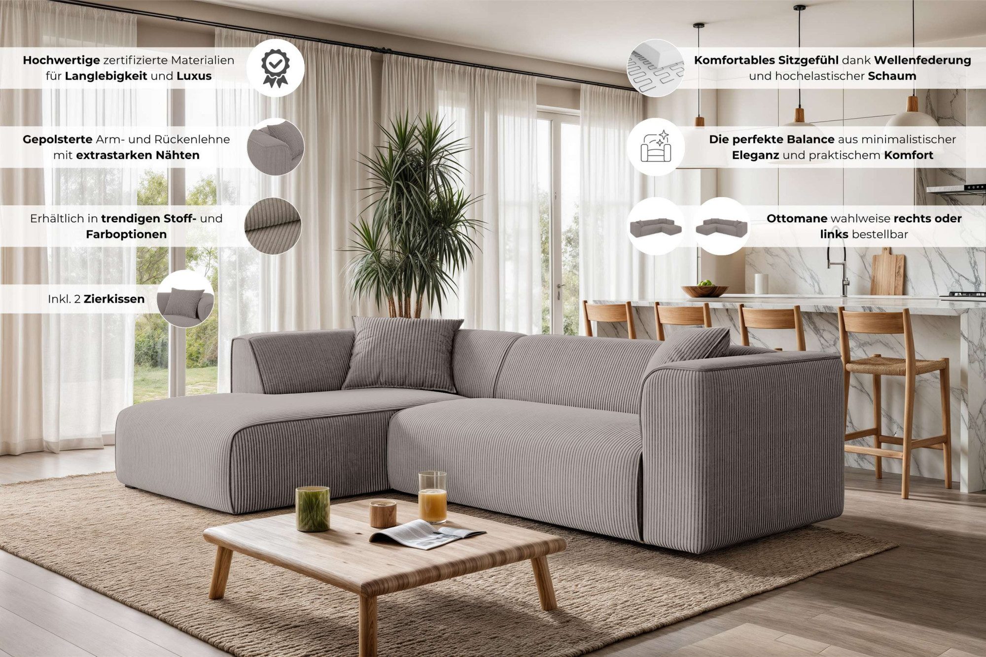 OTTO home Ecksofa Merid L-Form, Sofa-Fix, B: 254 cm - OTTO. Verlässliche Qualität., Ottomane rechts/links, belastbar bis 460kg, nicht modulare Sofa