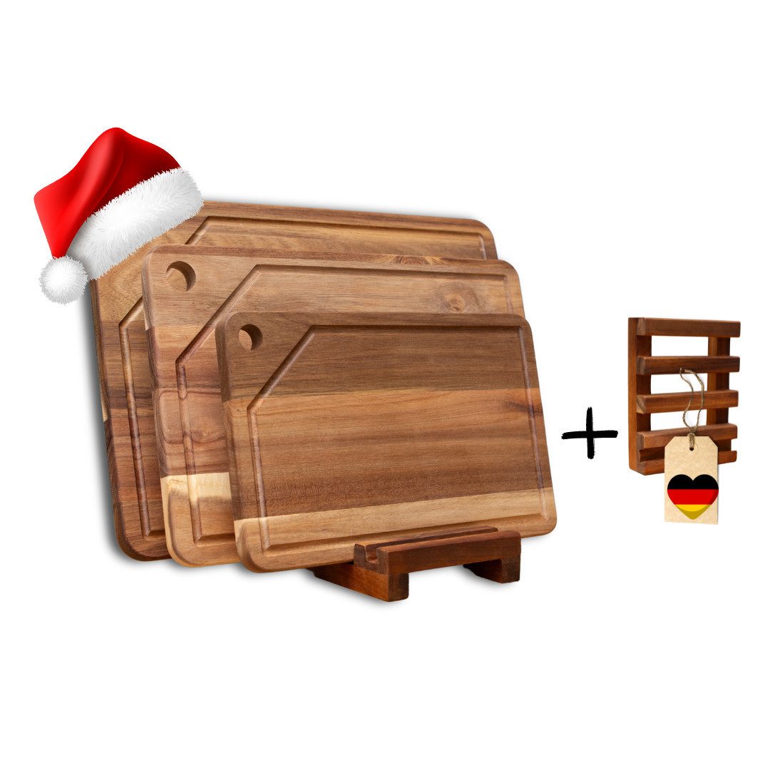 PEGSEN Schneidebrett 3er Set Schneidebrett aus Holz mit Ständer und Handyhalterung, mit praktischen Ständer und Tablet - und Handyhalterung