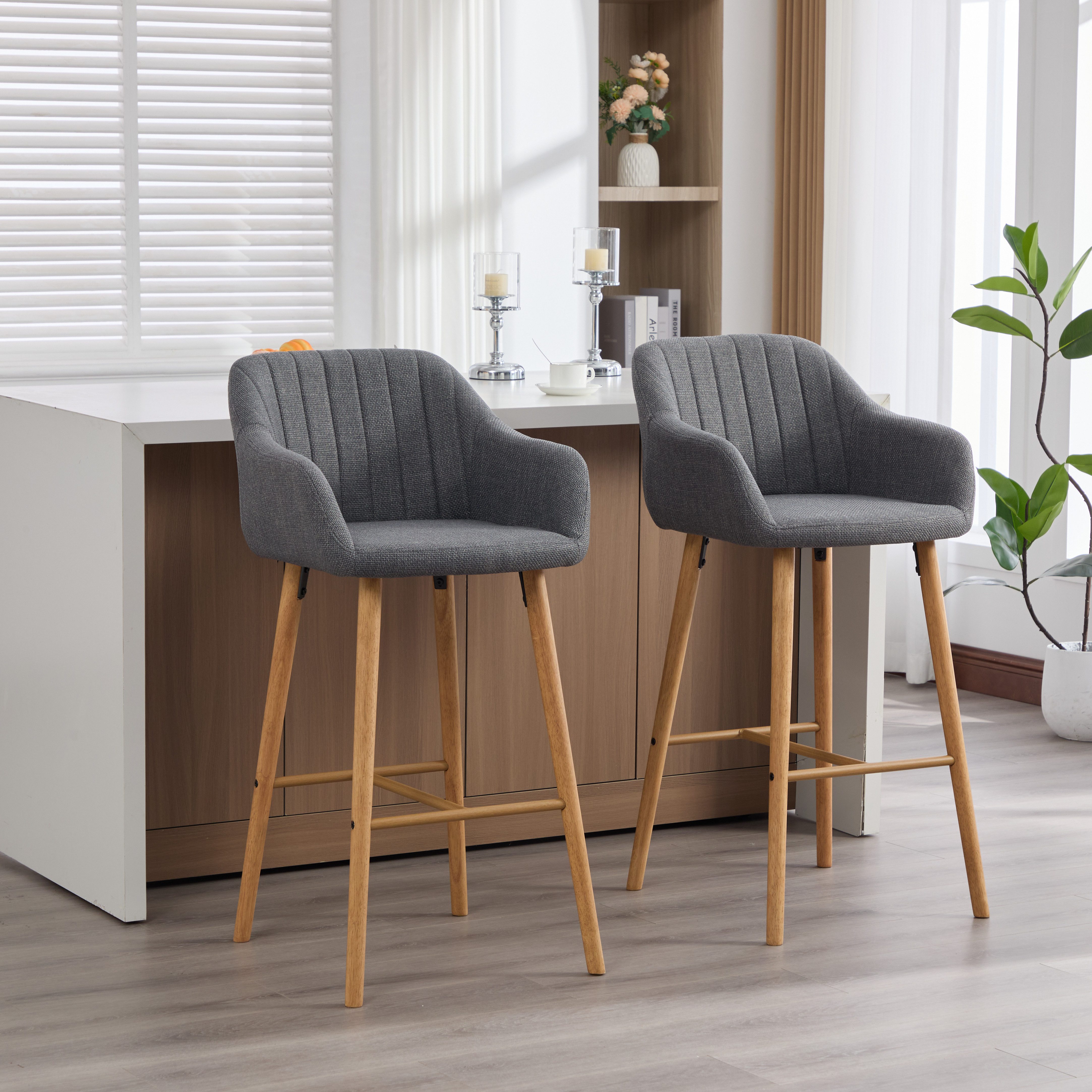 REDOM Barhocker Set aus zwei modernen Barhockern mit Armlehnen und hoher Rückenlehne (bequeme Leinen-Sitze, stabile Holzbeine), Barstühle Küchenstühle