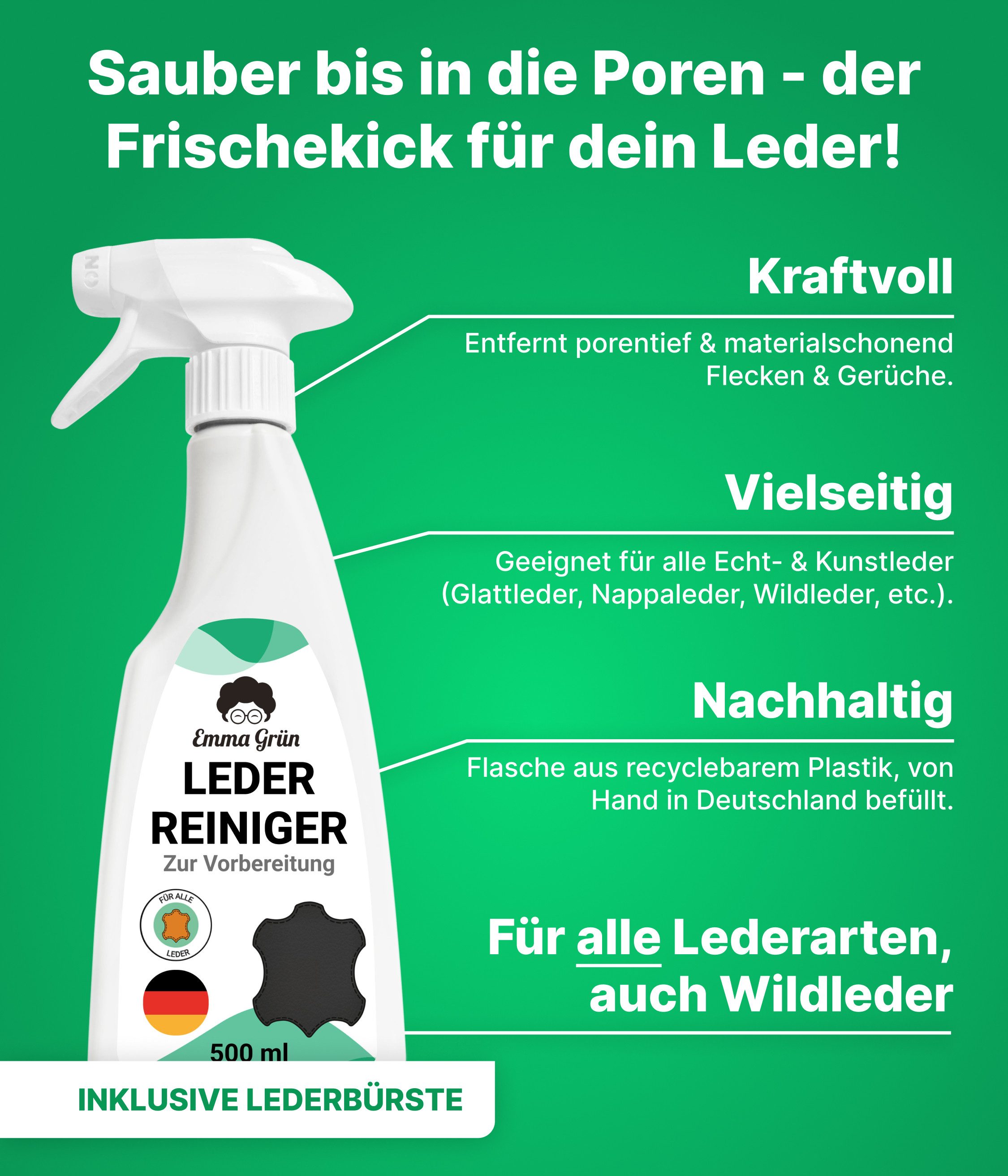 Emma Grün Reiniger & Lotion mit Bienenwachs Lederpflegeset, pflegt Sofas, Schuhe & Jacken ohne zu fetten, 100% Made in Germany