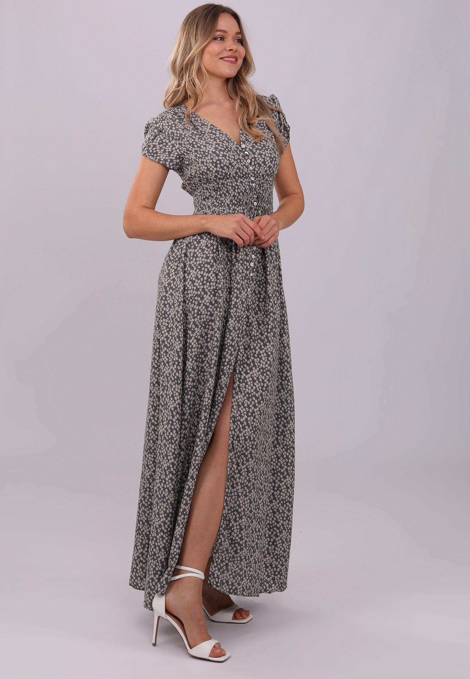 YC Fashion & Style Sommerkleid Maxikleid mit V-Ausschnitt, Knopfleiste und Seitenschlitz aus Viskose Alloverdruck