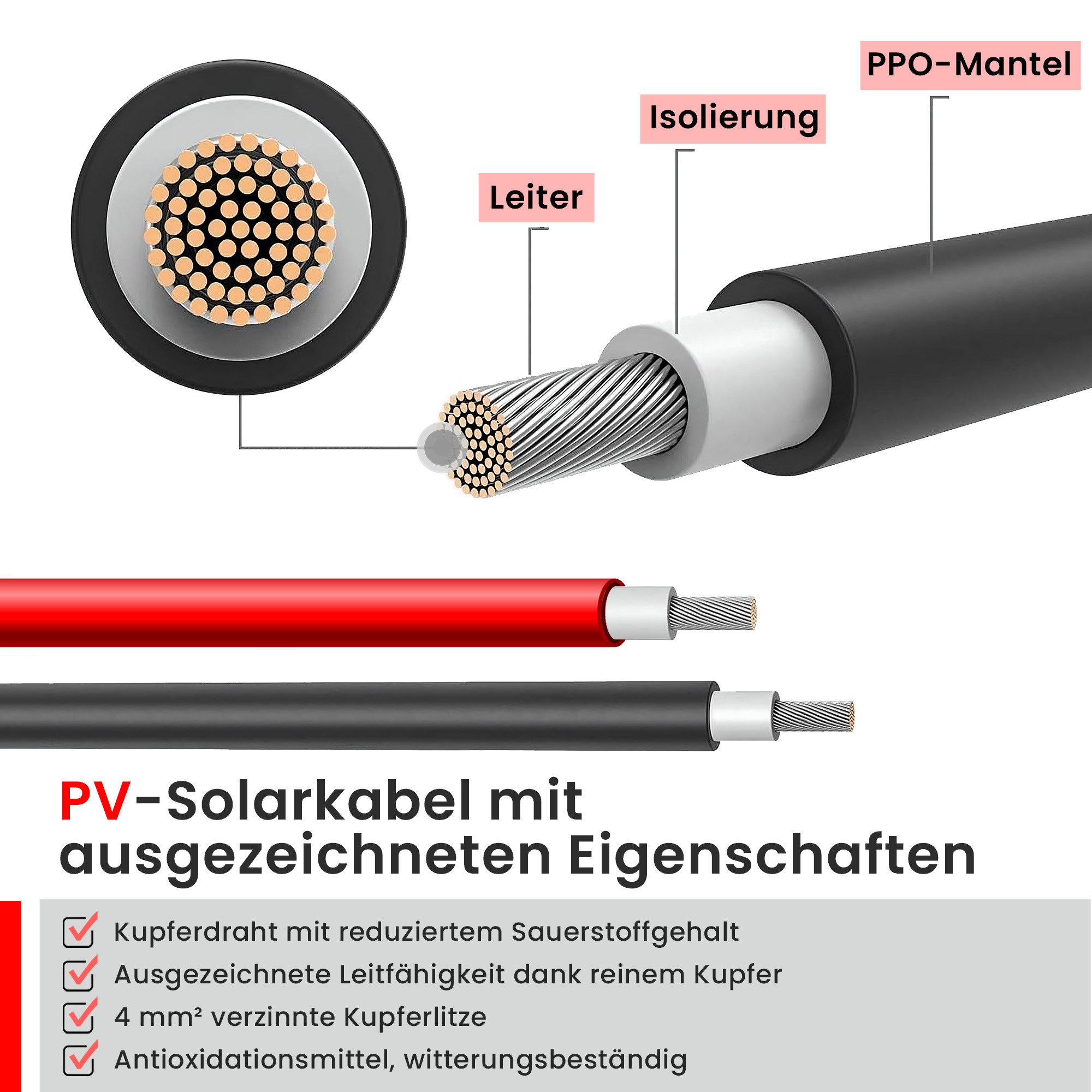 APV Starkstromkabel, Solarkabel Stecker Buchse 6mm² 1500V DC Rot/Schwarz 1m IP67