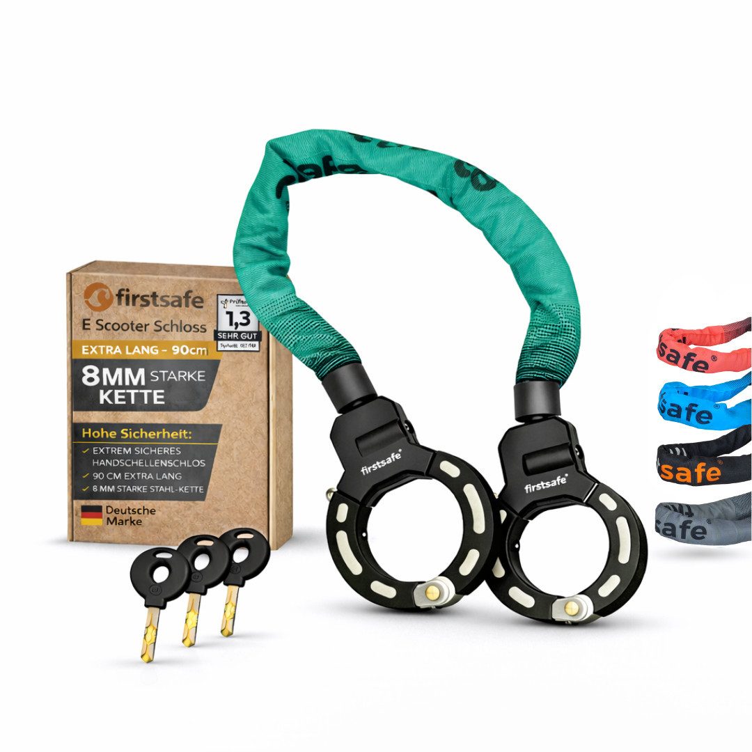 firstsafe Kettenschloss Handschellenschloss für E Scooter Schloss und Fahrrad 90 cm, 360° drehbar, Silikonbeschichtung, 8 mm Stahlkette
