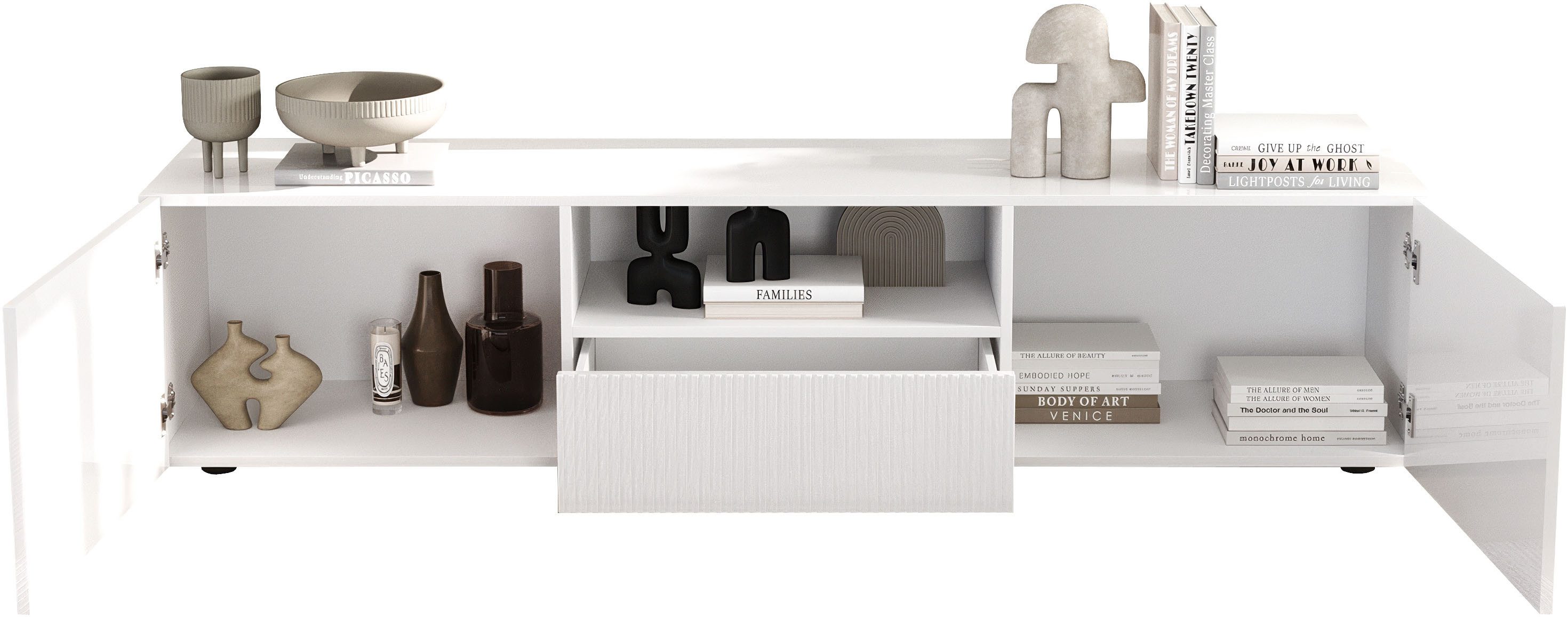 Home affaire Lowboard Rio Breite 181 cm, TV-Board 2 Türen u. 1 Schubkasten, TV-Schrank, geriffelte MDF-Fronten, modern u. elegant, Kabelführung, viel Stauraum