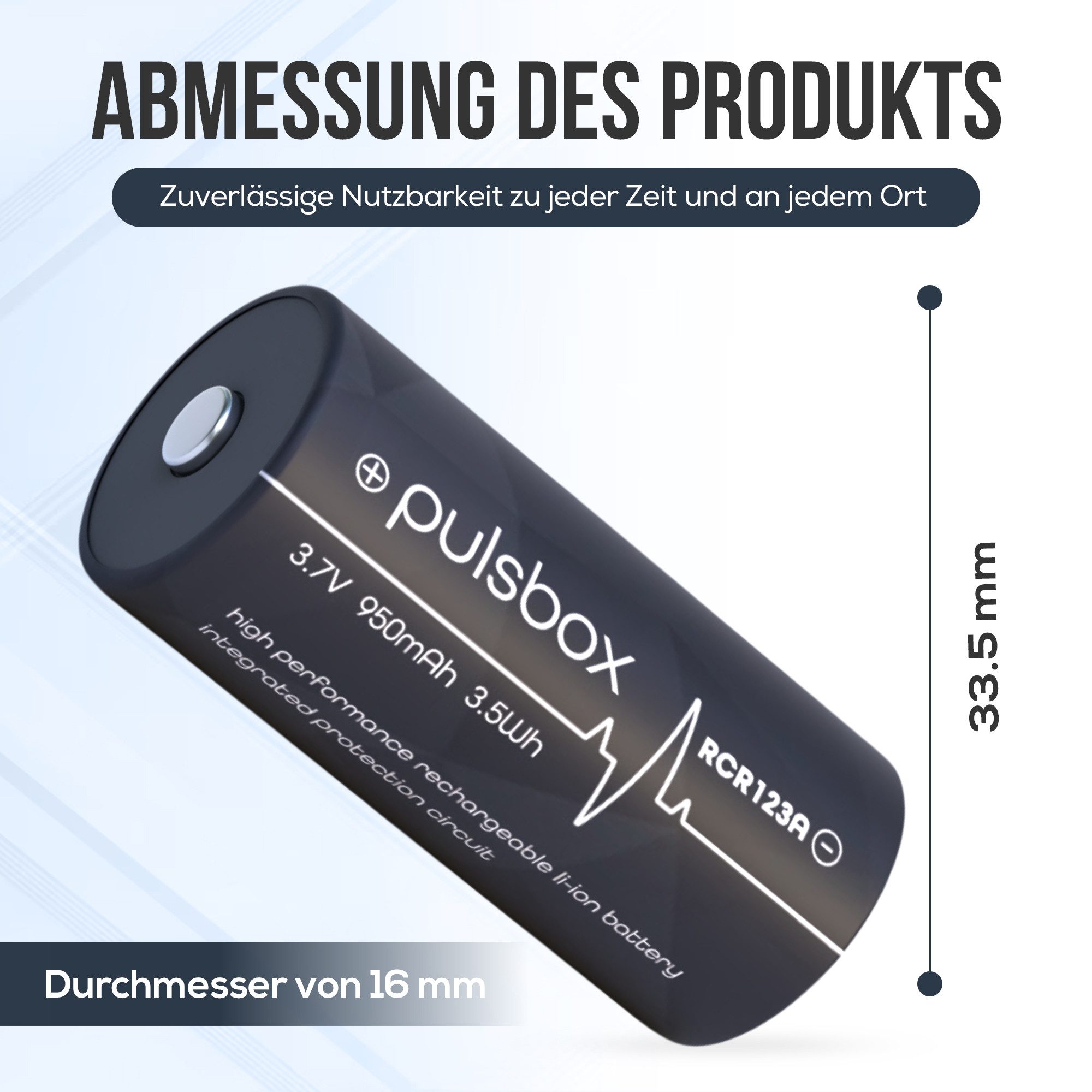 pulsbox RCR123A Akku 16340 Li-Ion 3,7V PCB-Geschützt - 2 x Akku 950 mAh (3,7 V), - passend für Arlo, Taschenlampen uvm.