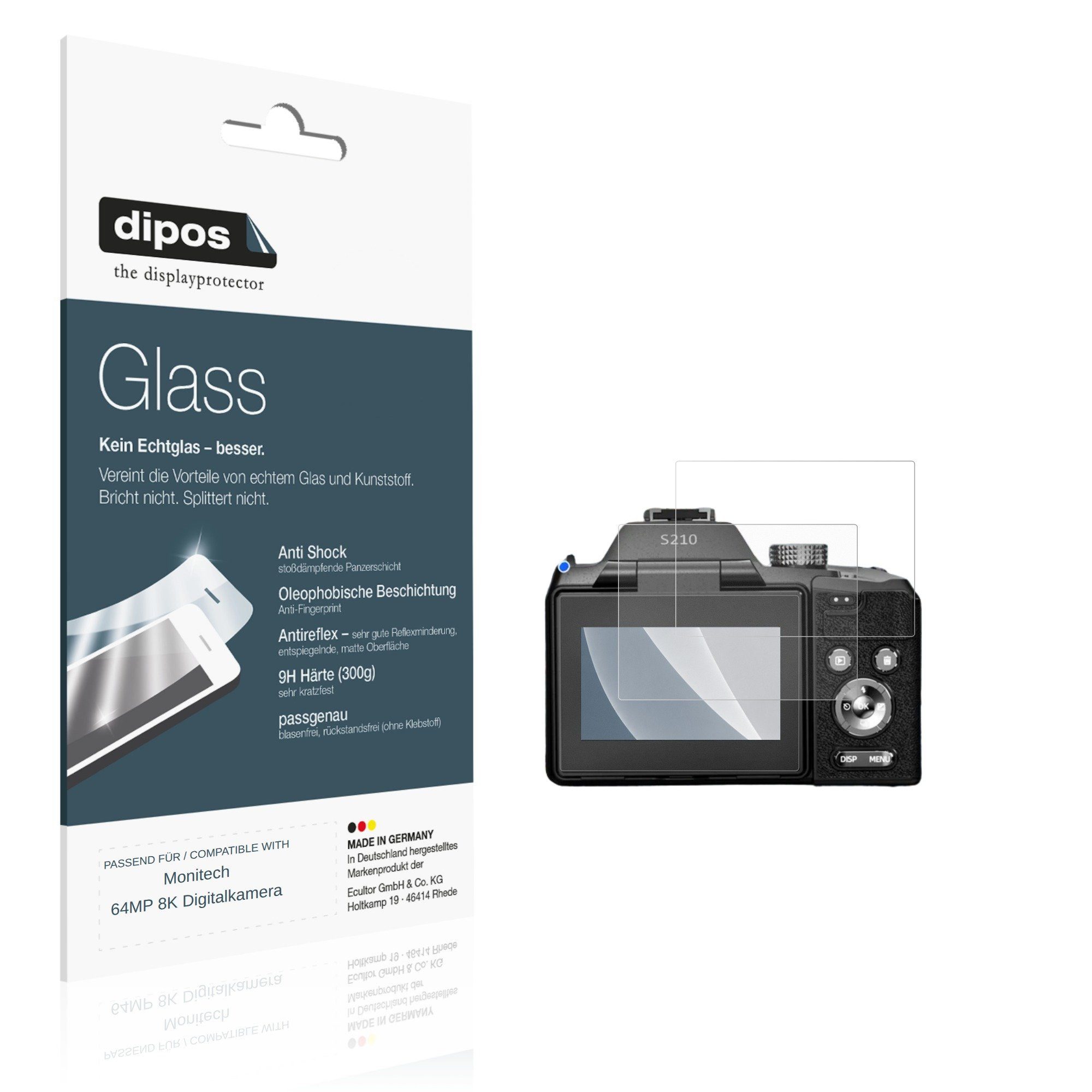 dipos Displayschutzfolie Schutzfolie für Monitech 64MP 8K Digitalkamera, 2 Stück, Displayschutz Schutz Folie Made in Germany