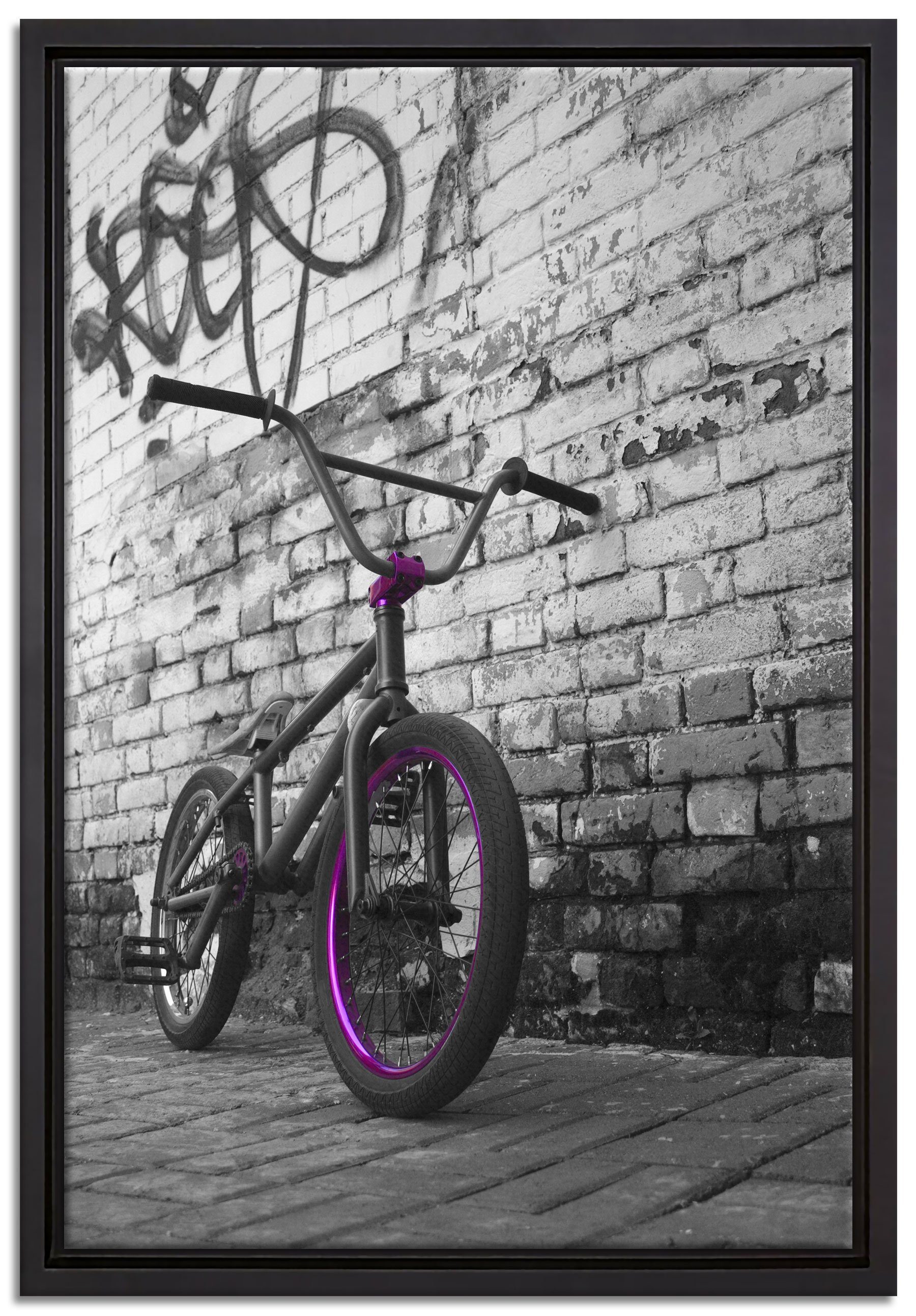 Pixxprint Leinwandbild BMX Fahrrad Graffiti, Wanddekoration (1 St), Leinwandbild fertig bespannt, in einem Schattenfugen-Bilderrahmen gefasst, inkl. Zackenaufhänger