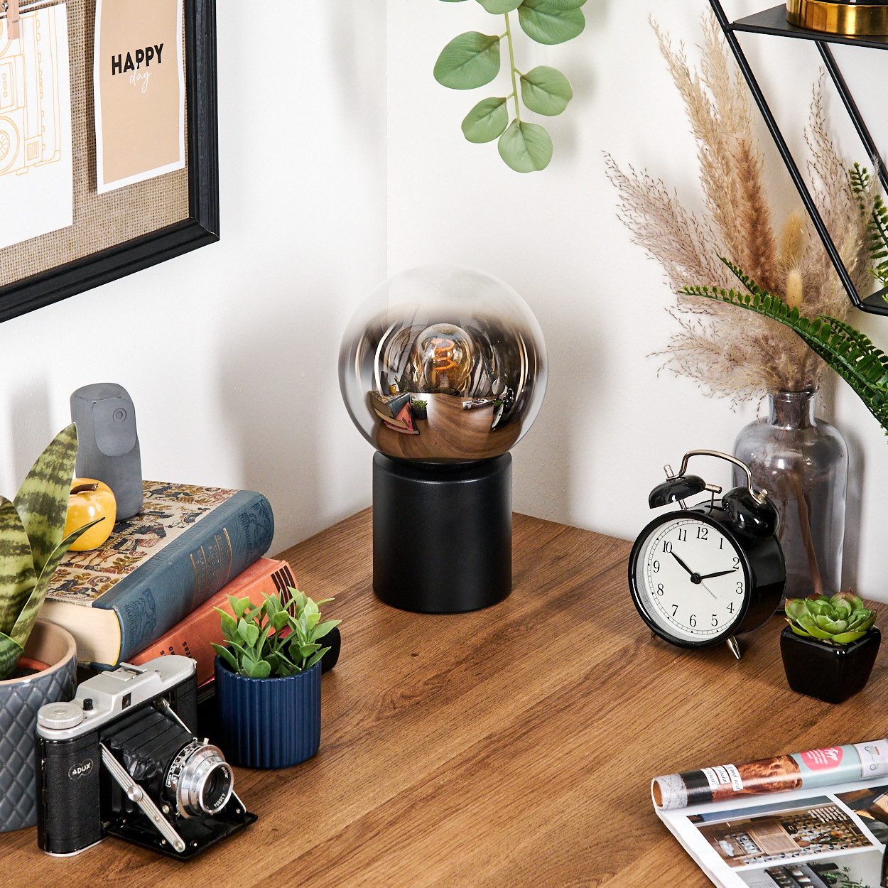 hofstein Tischleuchte Tischlampe aus Metall/Glas in Schwarz/Chrom-/Rauchfarben/Klar, ohne Leuchtmittel, Leuchte im Retro/Vintage-Design mit Glasschirm (15 cm), 1 x E14