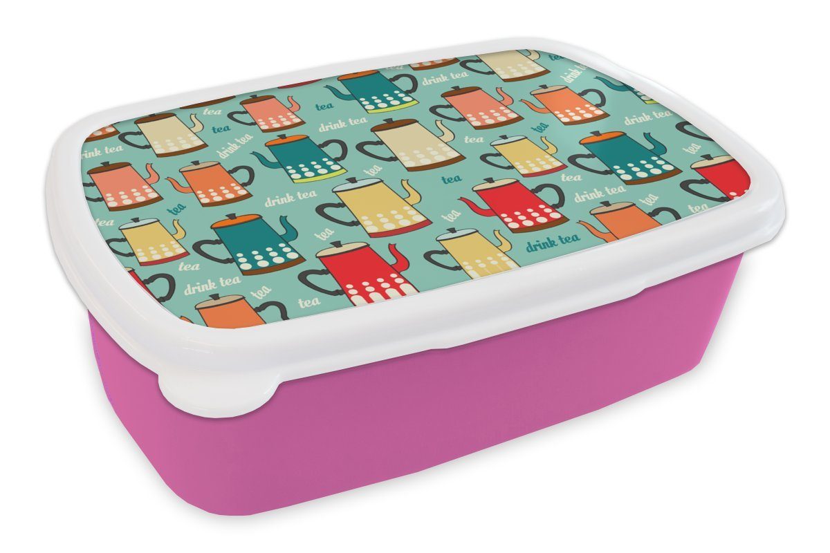 MuchoWow Lunchbox Muster - Tee - Teekanne - Vintage, Kunststoff, (2-tlg), Brotbox für Erwachsene, Brotdose Kinder, Snackbox, Mädchen, Kunststoff rosa