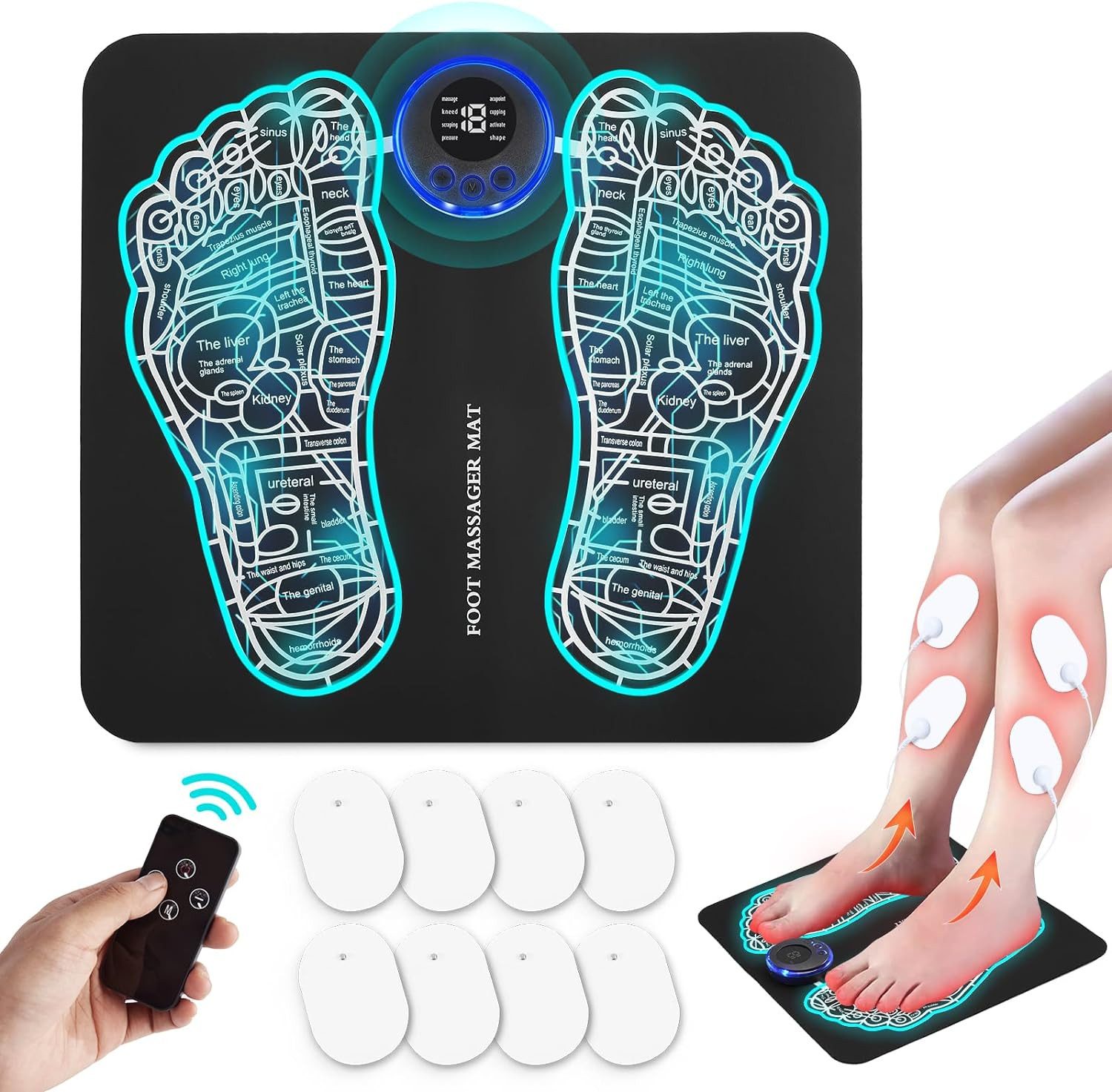 Brücke Fußmassagegerät 2-in-1 EMS-Fußmassagepad mit Fernbedienung und 8 Stück Gelpads, 8 Massagemodi zur Verbesserung der Durchblutung, Muskelentspannung