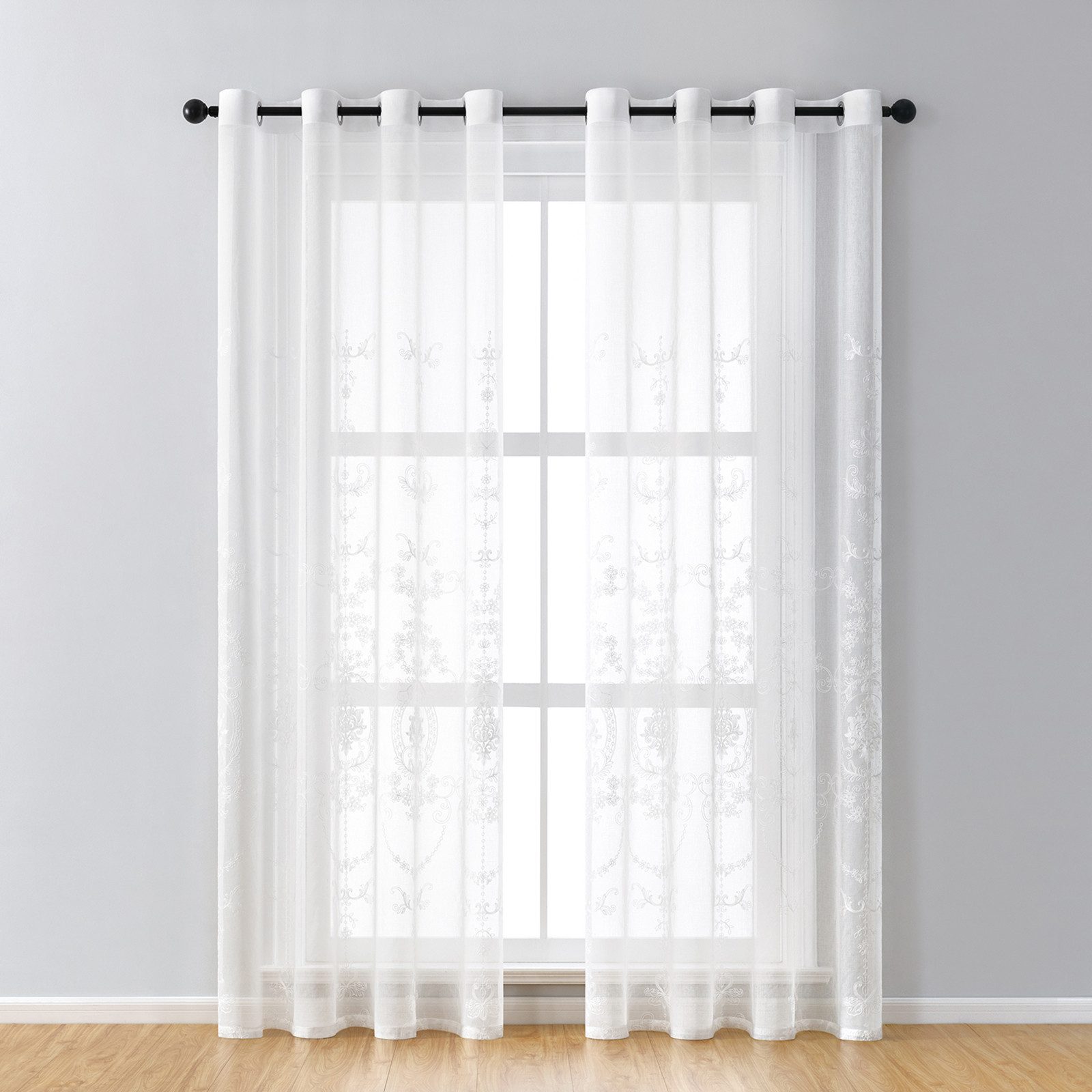 Gardine 2er Set Bestickt Sheer Voile Vorhänge mit ösen Wohnzimmer Modern