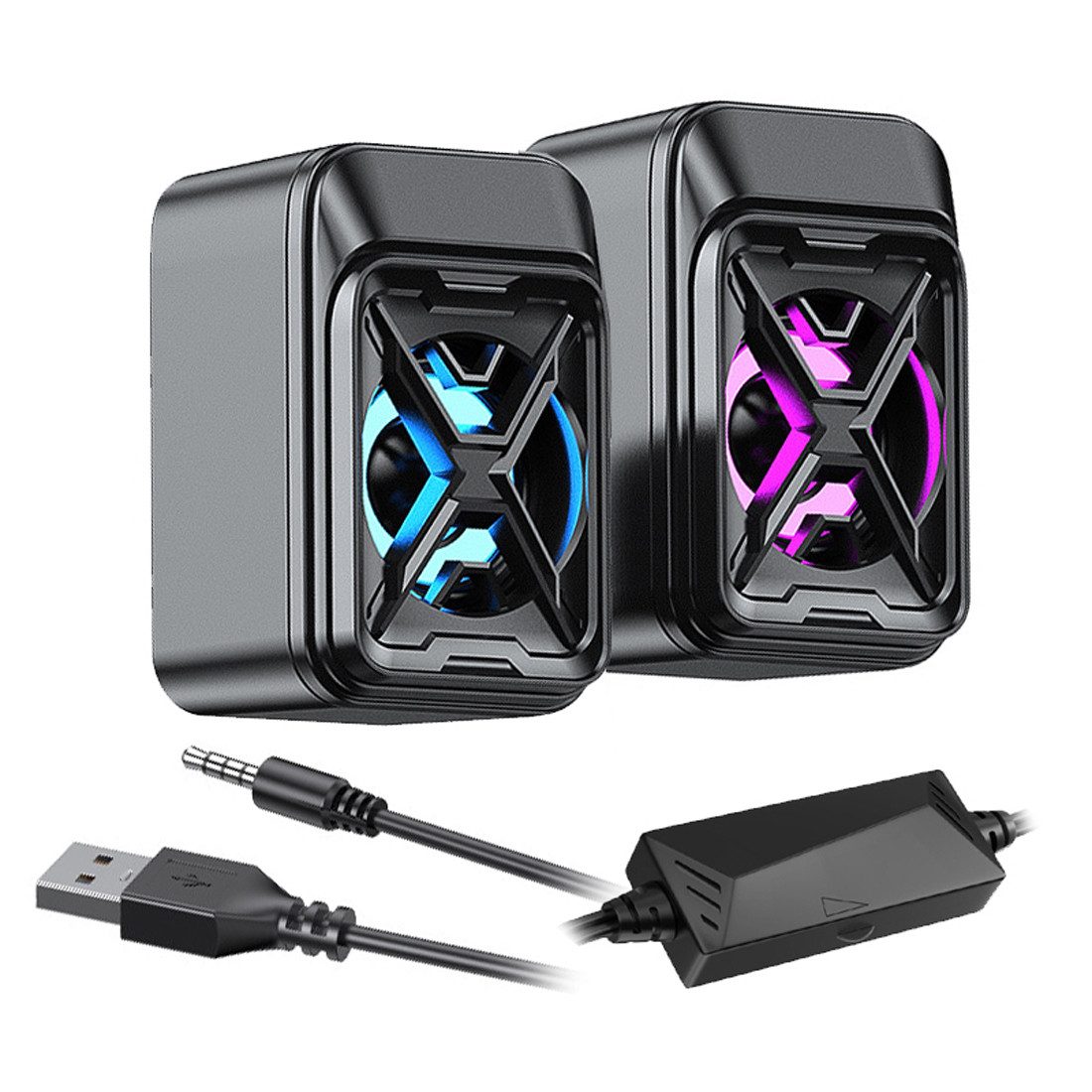 Bolwins P12C 6W Lautsprecher über 3.5mm Klinke USB für PC Laptop Notebook Lautsprecher 2.0 (kabelgebunden / USB, 6 W, USB-Stromversorgung, blau-lila LED-Atmosphärenlicht)