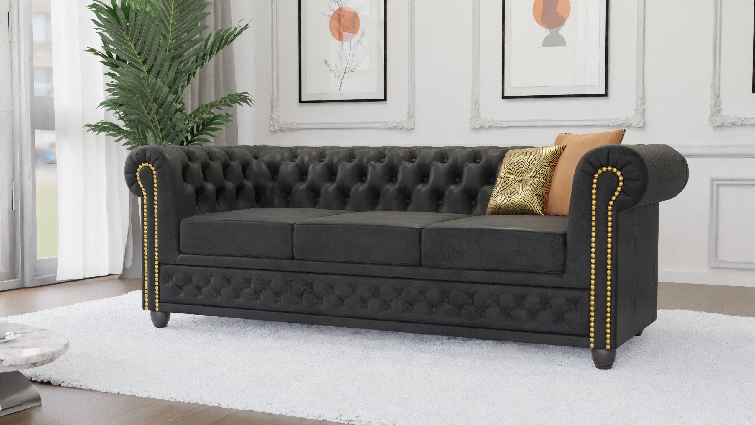 S-Style Möbel Chesterfield-Sofa Anton 3-Sitzer Sofa mit Schlaffunktion mit Holzfüßen, 1x 3-Sitzer-Sofa mit Schlaffunktion, mit Wellenfederung