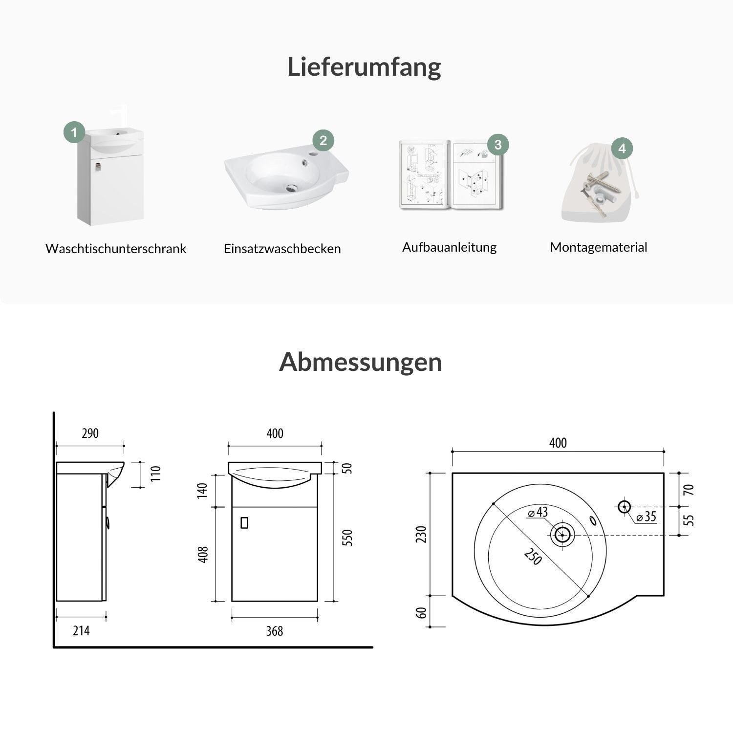 Planetmöbel Waschtisch Waschtischunterschrank 40cm weiß – Bild 4 von 5